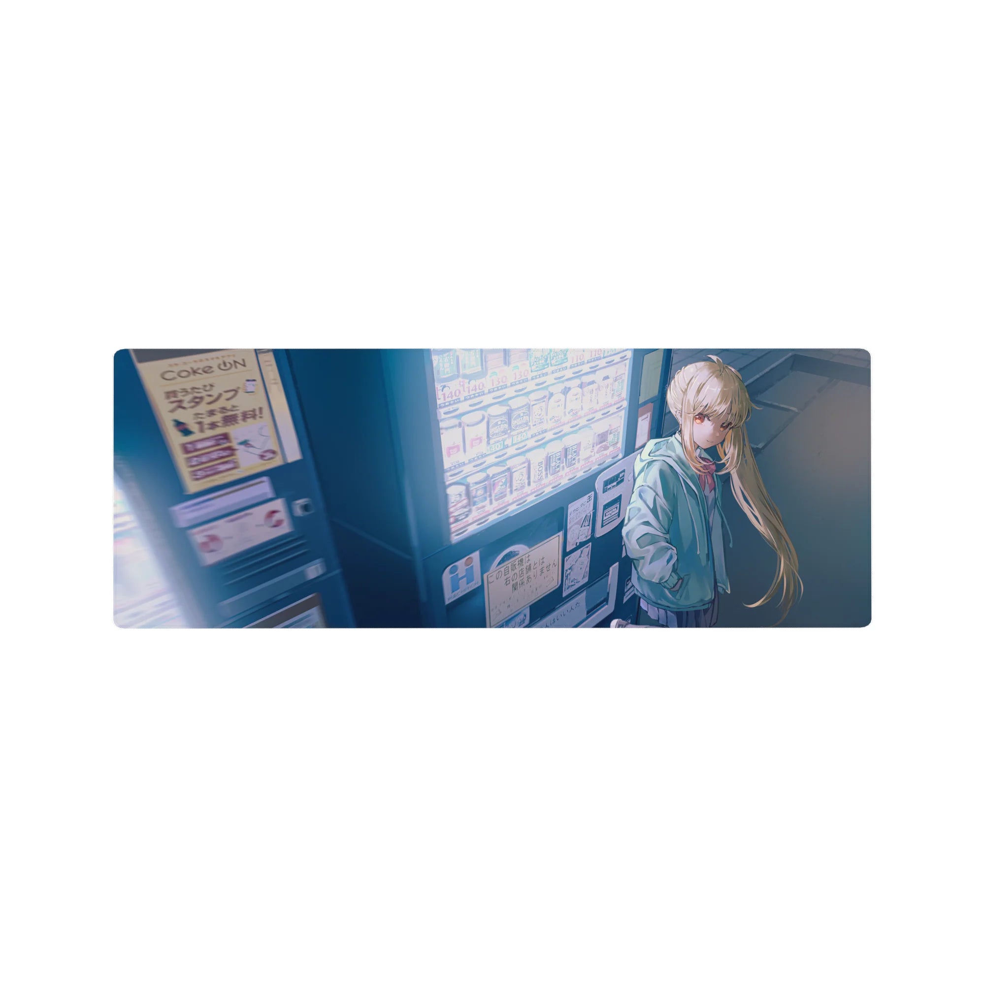 32x12 inches anime girl mouse pad with mint hoodie blonde girl, neon vending machine city street scene.