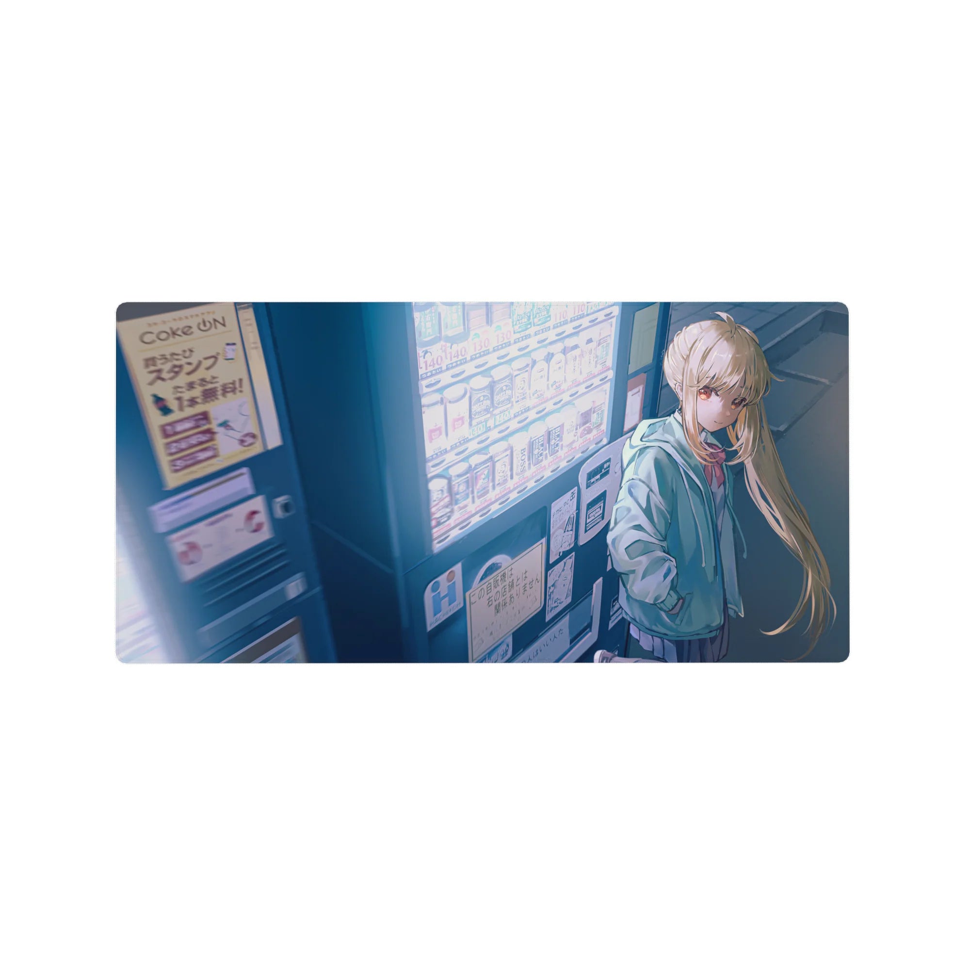 32x16 inches anime girl mouse pad with mint hoodie blonde in neon vending machine city scene.