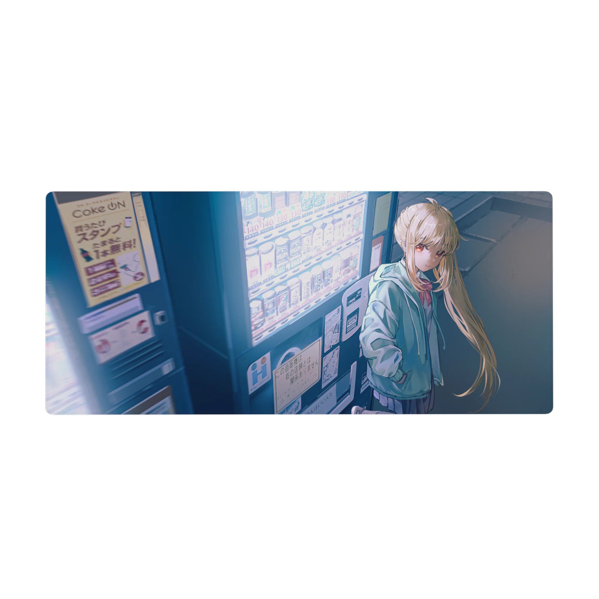 36x16 inches anime girl desk pad with mint hoodie, neon vending machine backdrop, Japanese street labels.
