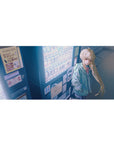 36x16 inches anime girl desk pad with mint hoodie, neon vending machine backdrop, Japanese street labels.