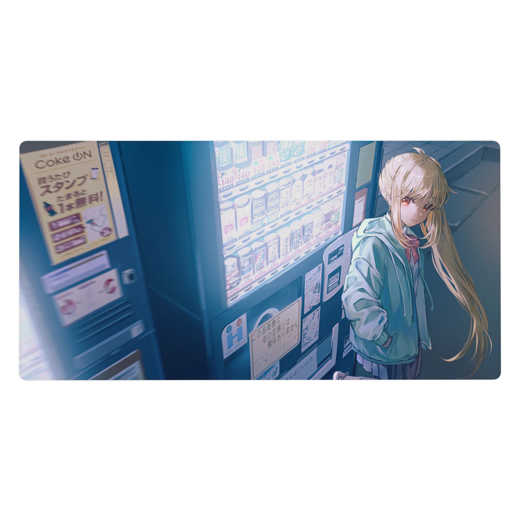 40x20 inches anime girl desk pad with mint hoodie blonde in neon city by colorful vending machines.