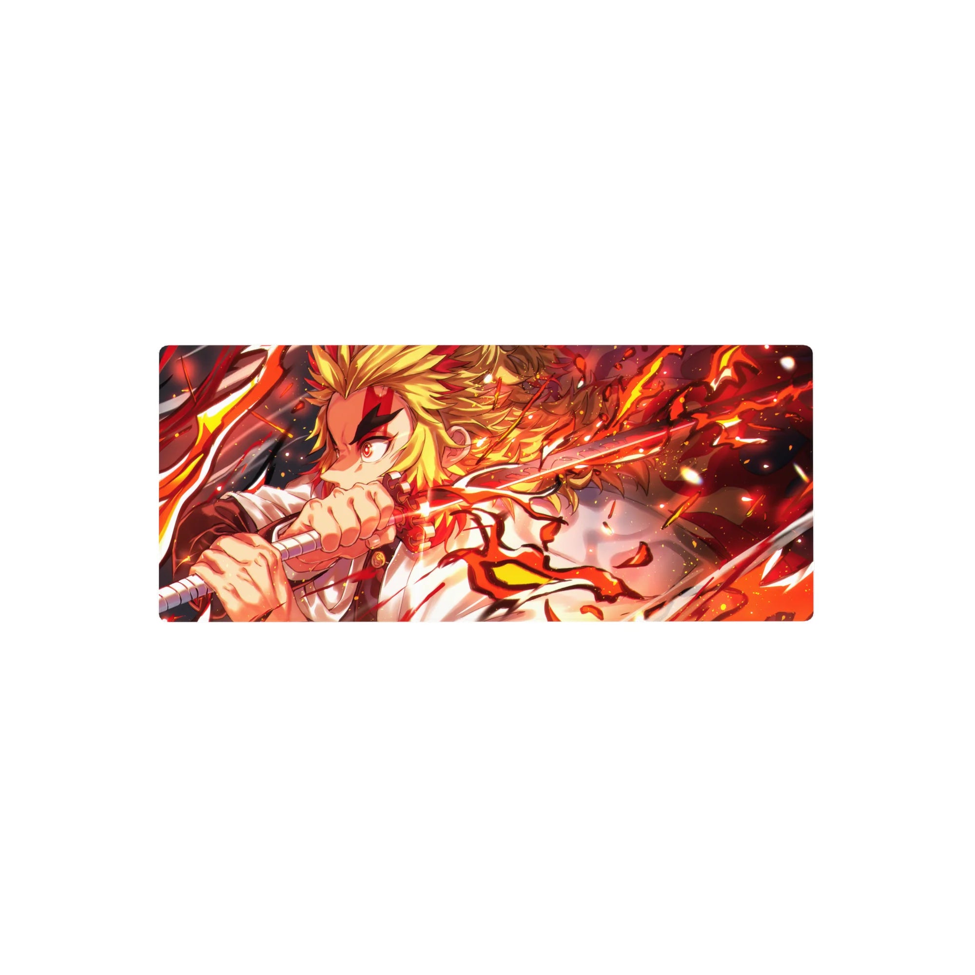 Rengoku from Demon Slayer on a 28x12 inch anime mouse pad, flames and katana depicted in vibrant reds and golds.