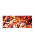 Rengoku from Demon Slayer on a 28x12 inch anime mouse pad, flames and katana depicted in vibrant reds and golds.