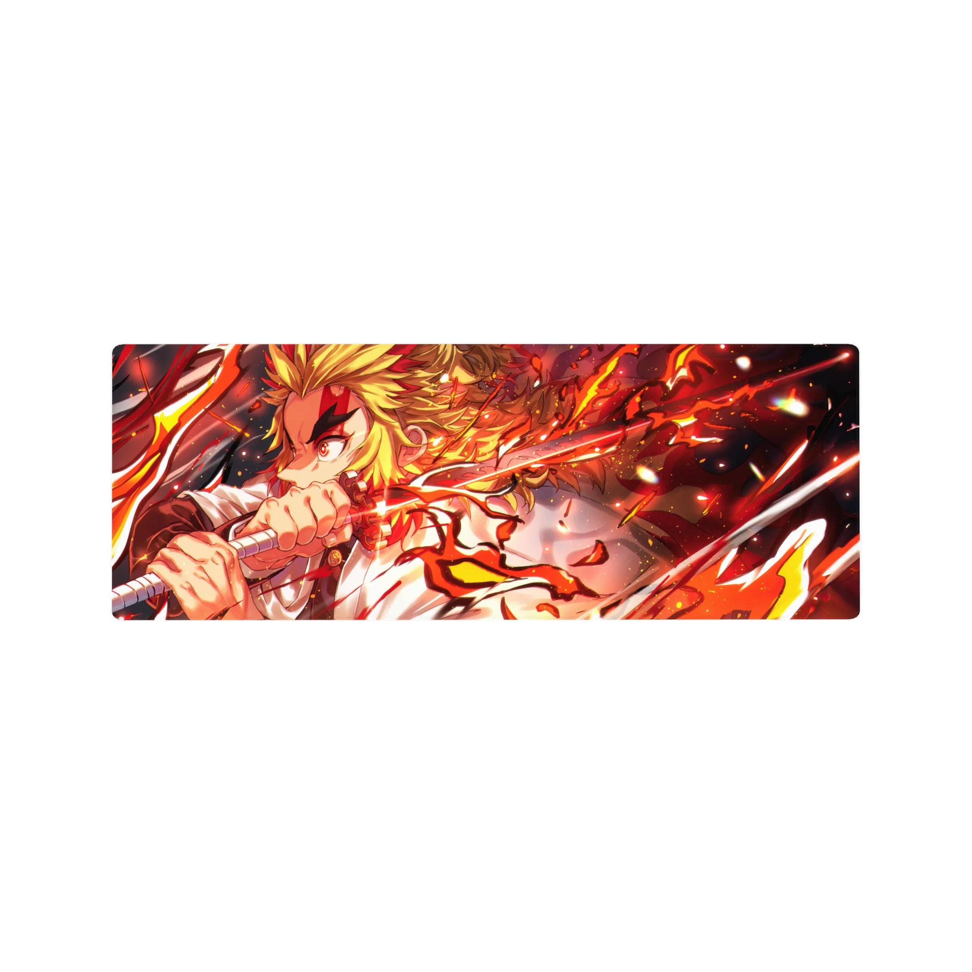 Rengoku from Demon Slayer on a 32x12 inch mouse pad, flames and katana in vivid reds and golds, full of dynamic energy.