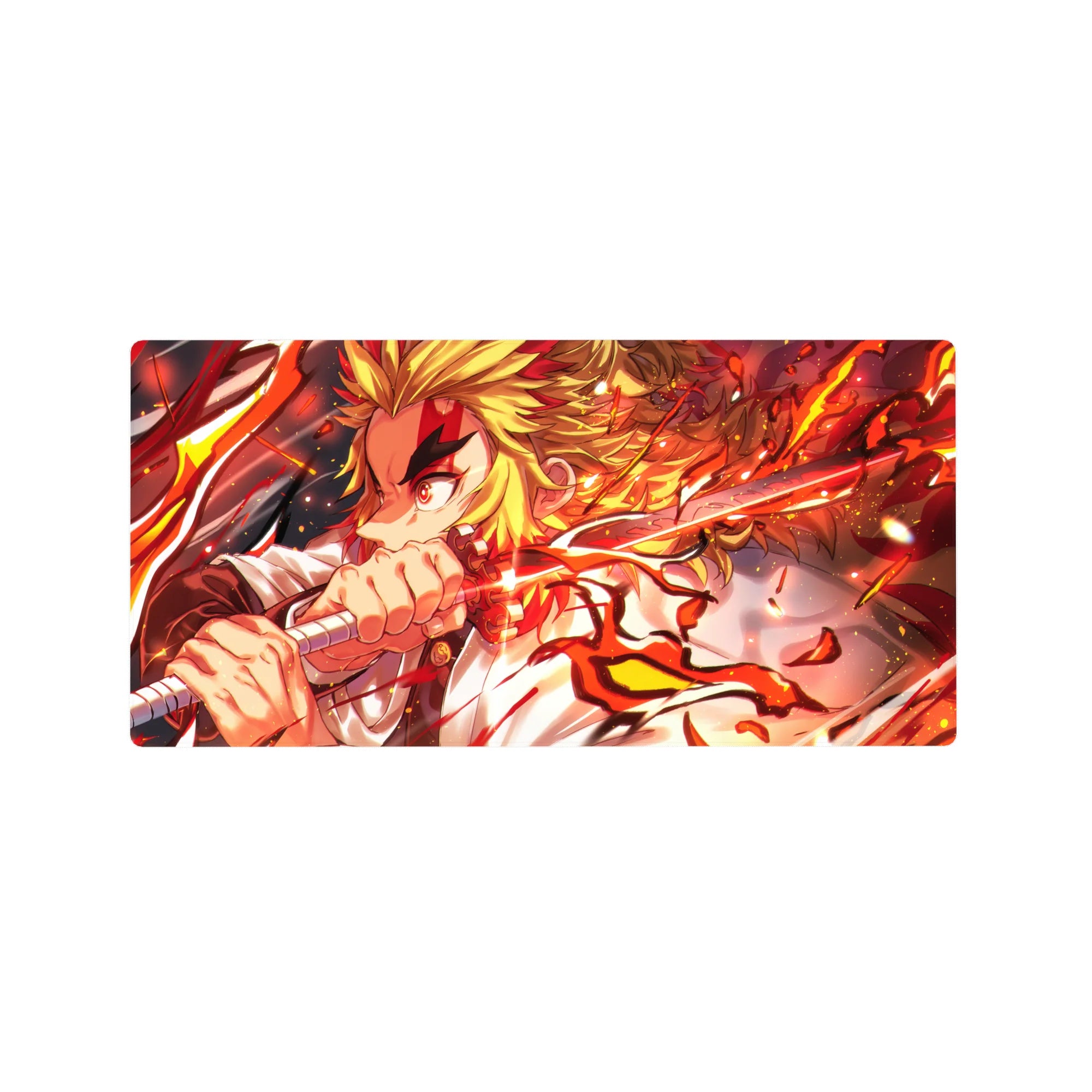 Rengoku from Demon Slayer on a 32x16 inch anime mouse pad, flames emitting from his katana, capturing dynamic energy.