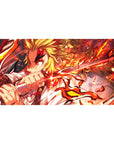 Rengoku Demon Slayer anime desk pad, 40x20 inches, featuring fiery katana scene with vivid reds and golds.