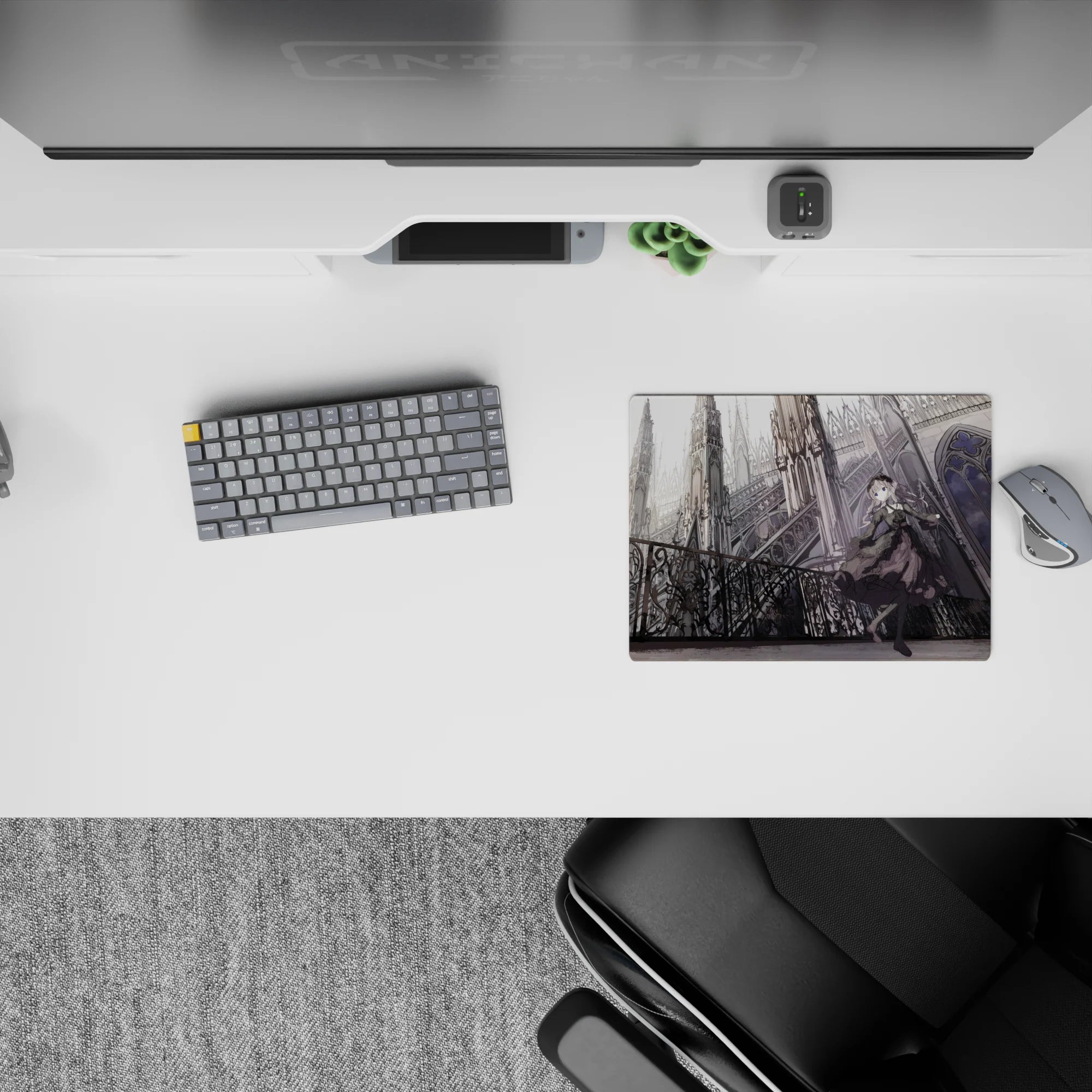 14x10 inches anime mouse pad in silvery grays and smoky tones, quietly dramatic gothic vibe.