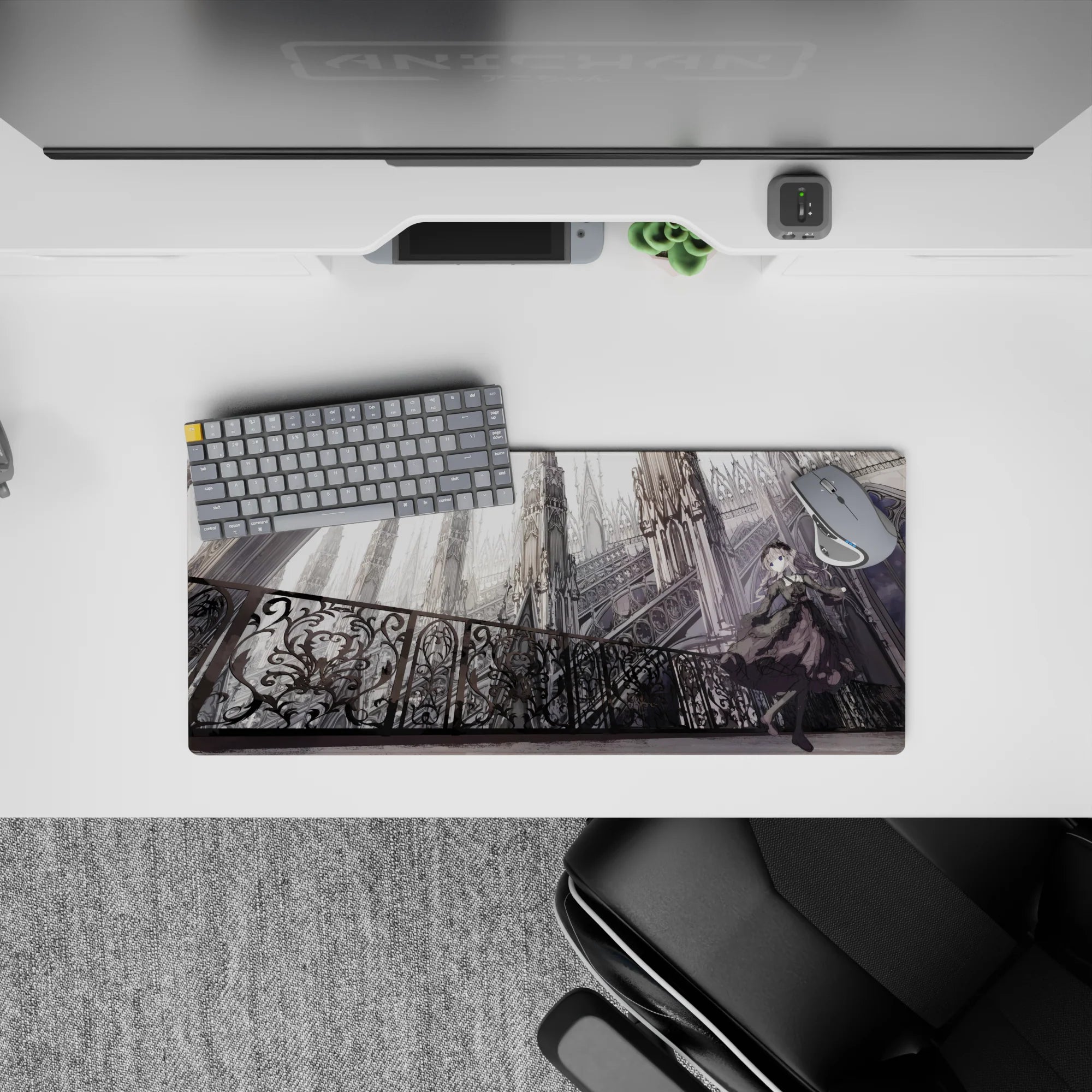 28x12 inches mouse pad in smoky gray and silver tones, quietly dramatic gothic anime aesthetic.