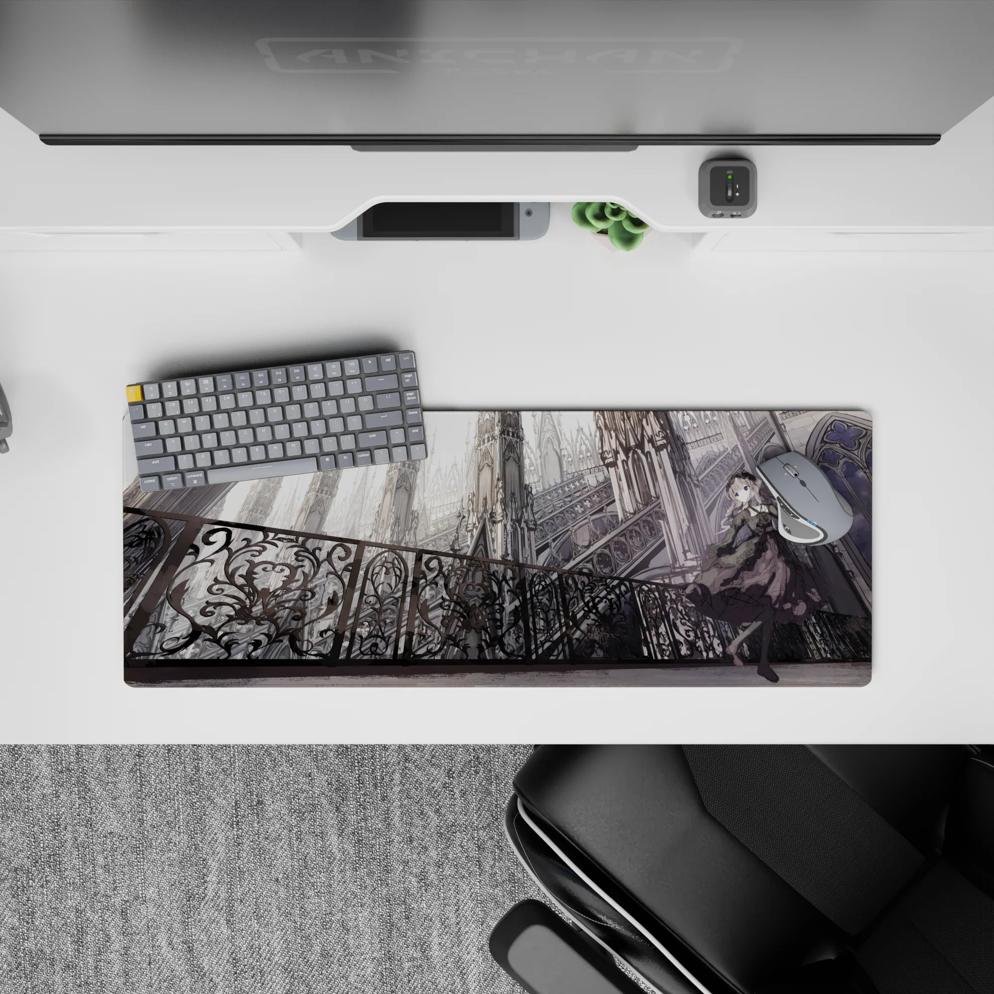 Moody gray and silver gothic anime mouse pad 32x12 inches, cool shy vibe with dramatic ink-dark dress.