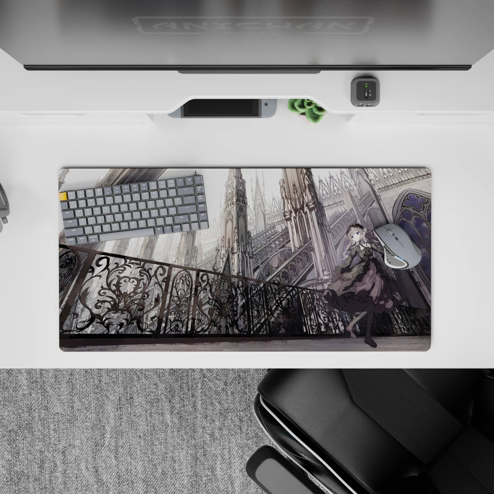 Moody gray and silver gothic anime mouse pad 32x16 inches, cool dramatic vibe with lace and ribbons.