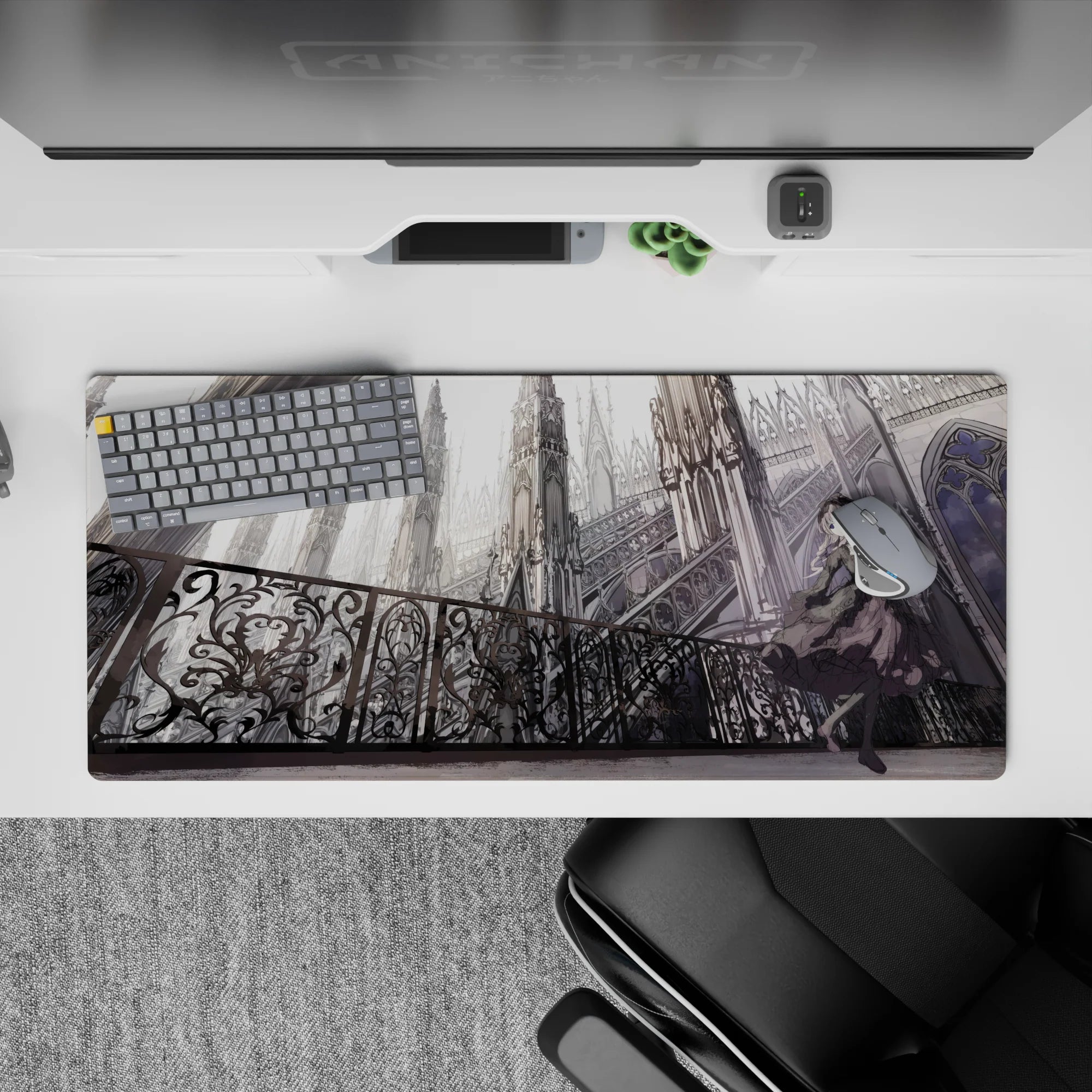 Moody silver-gray gothic anime desk pad 36x16 inches, cool-eyed girl in dark dress, dramatic vibe.