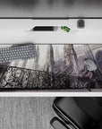 Moody silver-gray gothic anime desk pad 36x16 inches, cool-eyed girl in dark dress, dramatic vibe.