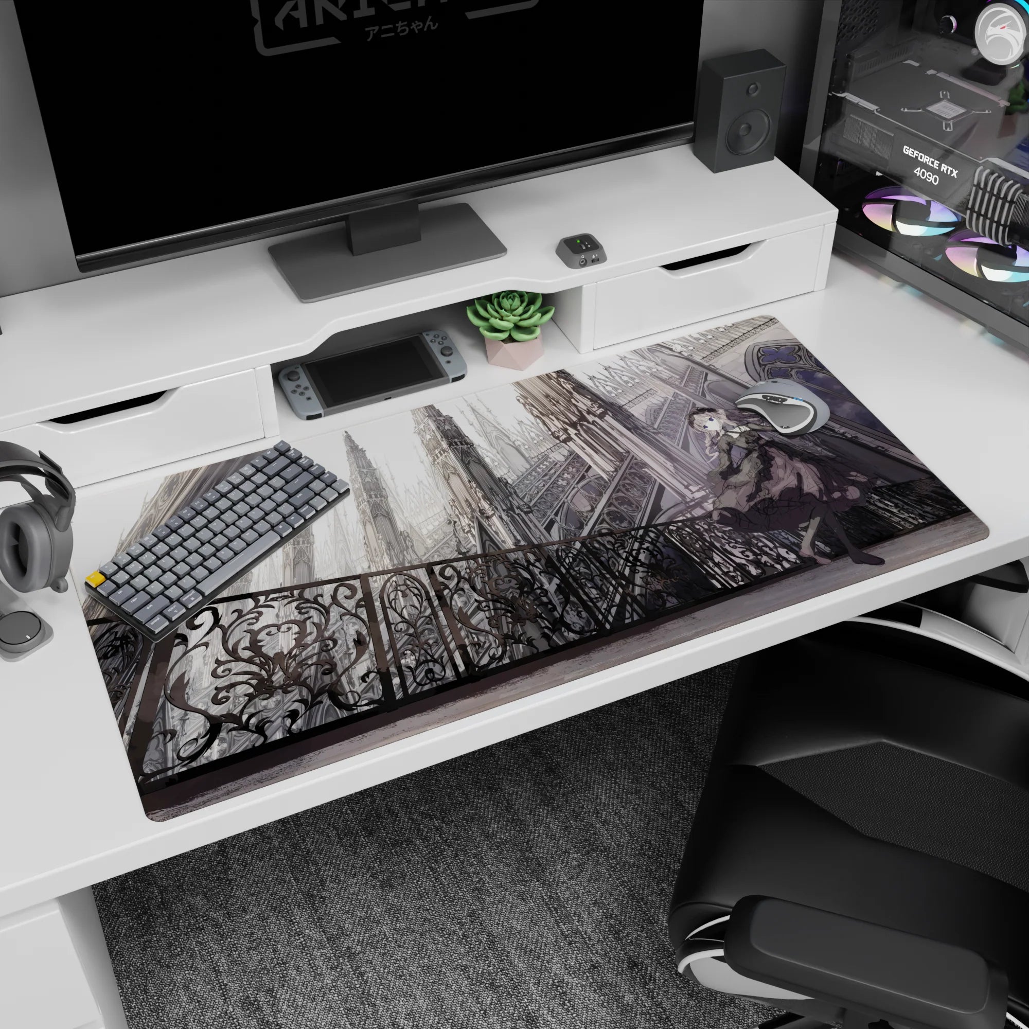 Anime girl on ornate balcony desk pad 40x20 inches, shy bold pose in flowing black dress before spires.