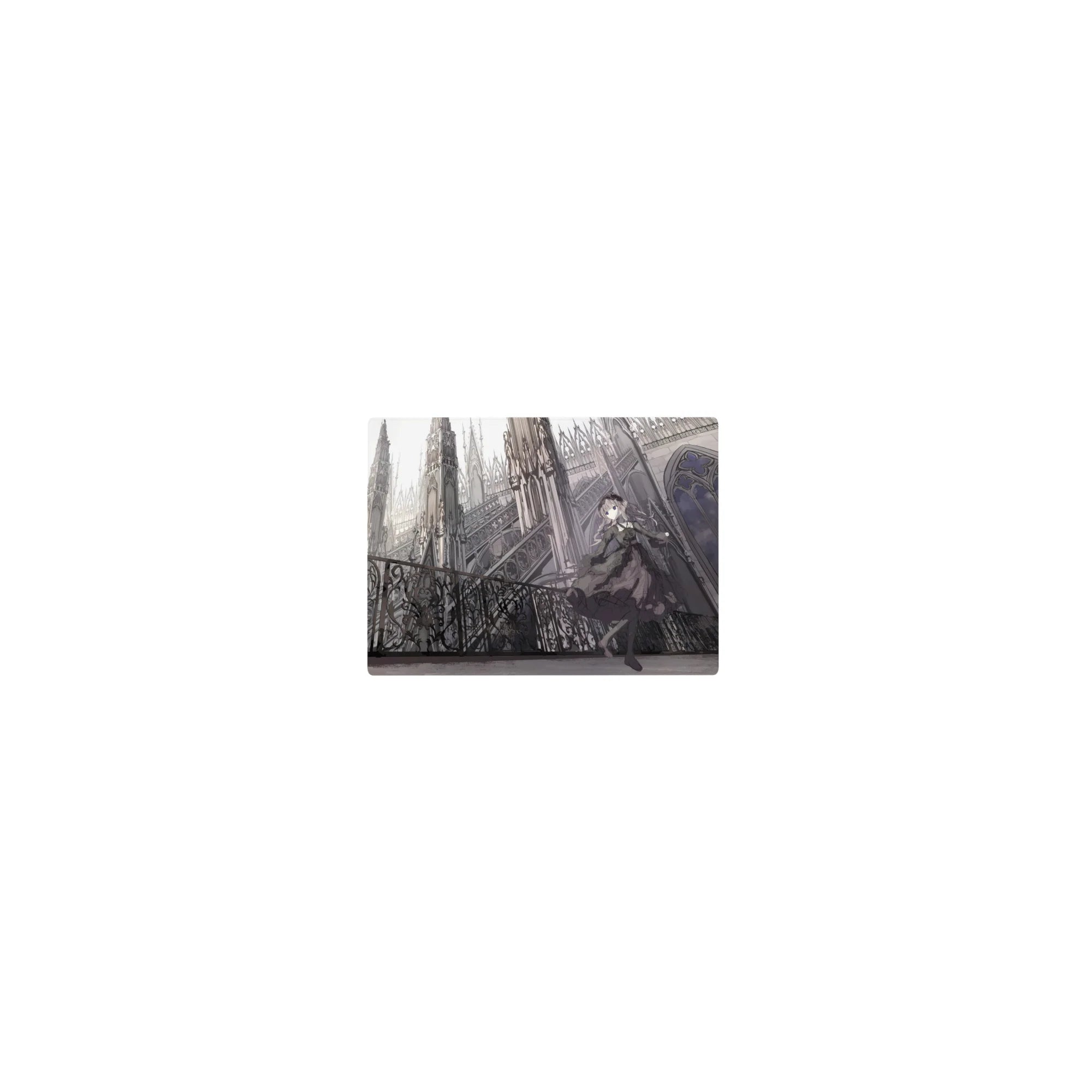 Classic anime girl mouse pad 14x10 inches with gothic balcony scene and cathedral spires.