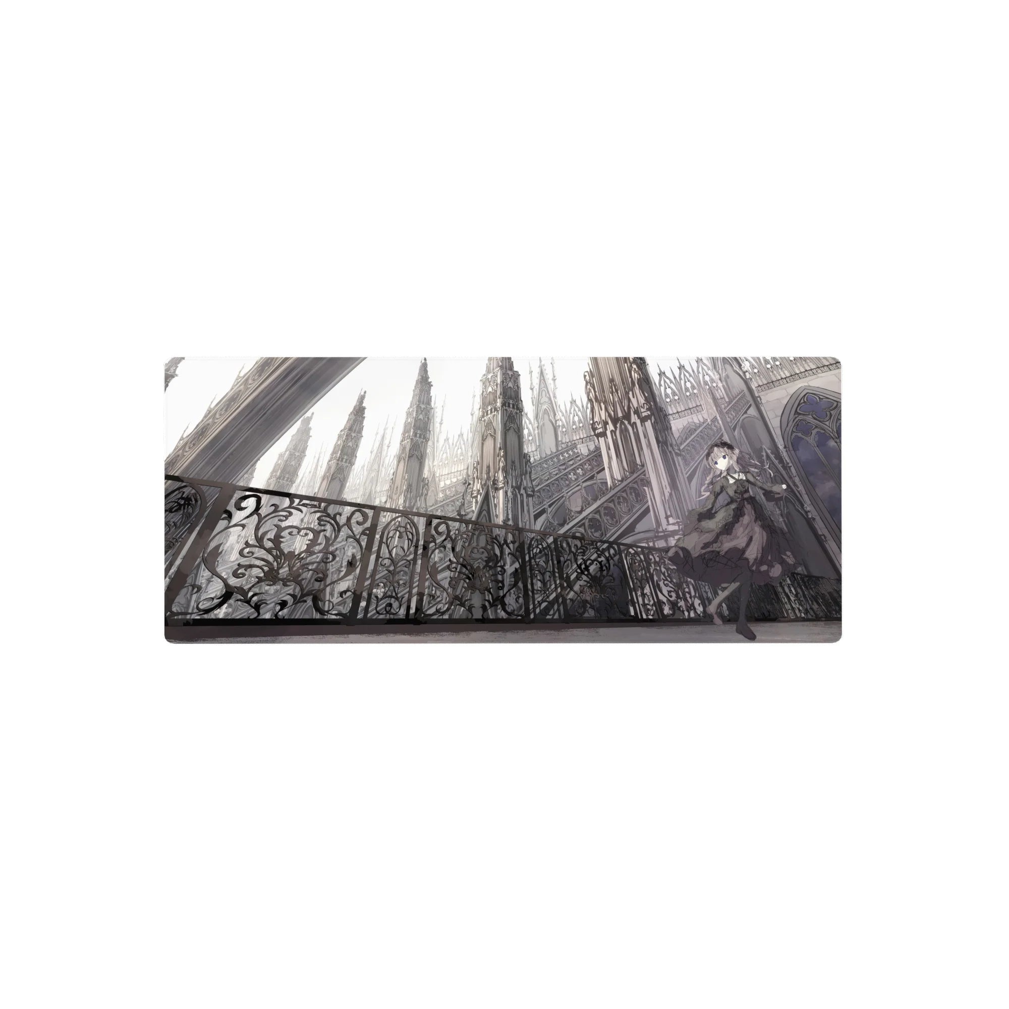 28x12 inches anime girl mouse pad with gothic balcony scene, cathedral spires, lace dress, iron filigree.