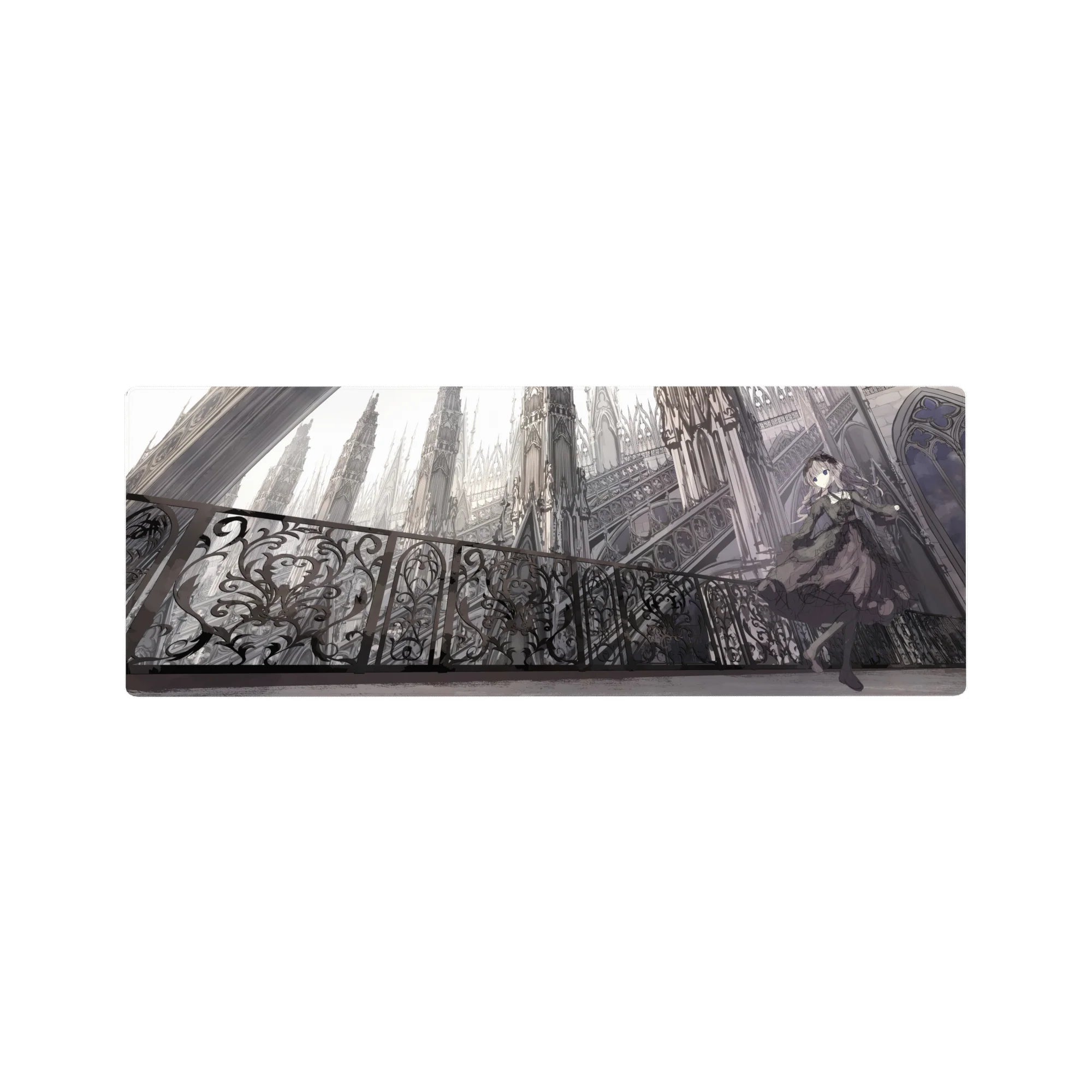 Gothic anime girl desk mouse pad 32x12 inches with cathedral spires, iron balcony, and lace dress.