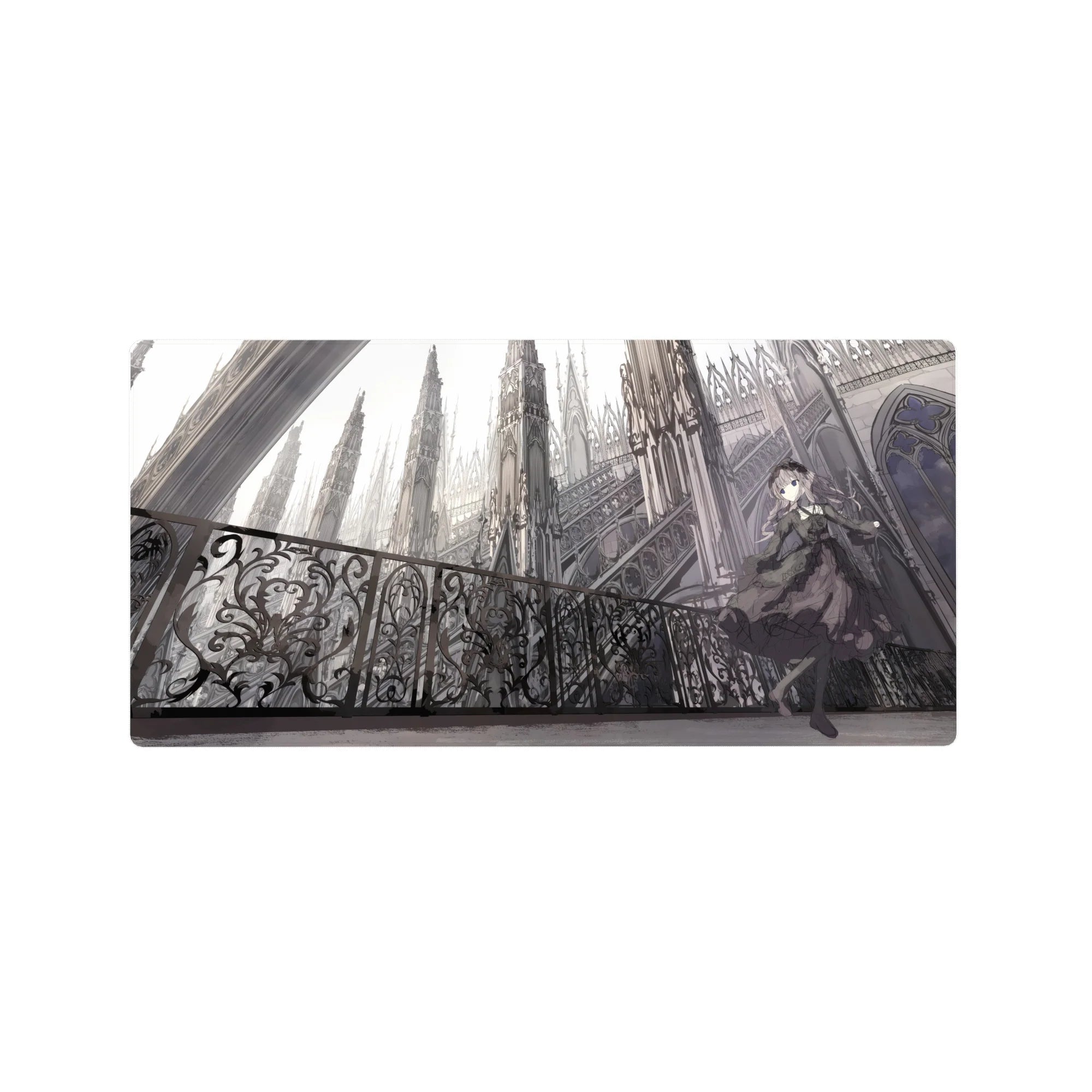 Gothic anime girl mouse pad 32x16 inches with cathedral spires, iron balcony, and ornate filigree.