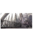 Gothic anime girl mouse pad 32x16 inches with cathedral spires, iron balcony, and ornate filigree.
