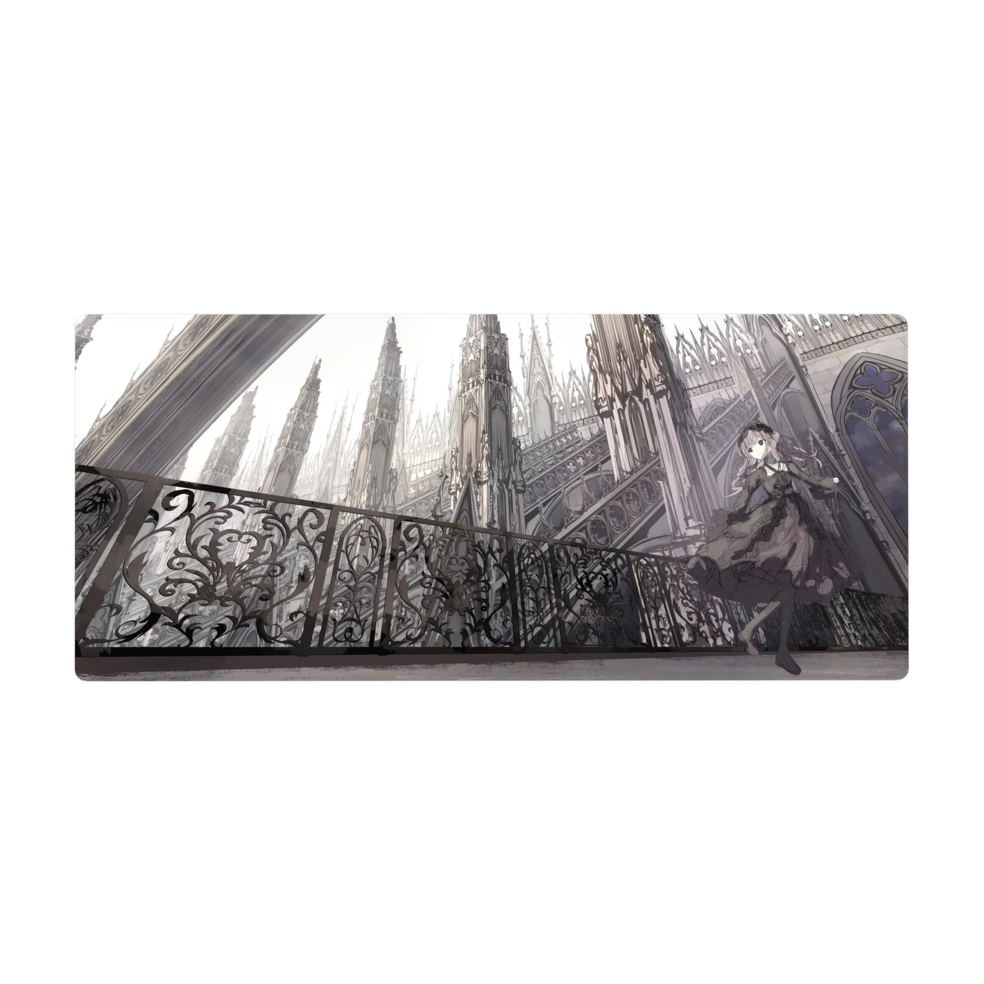 Gothic anime girl desk pad 36x16 inches with iron balcony, lace dress, and cathedral spires.