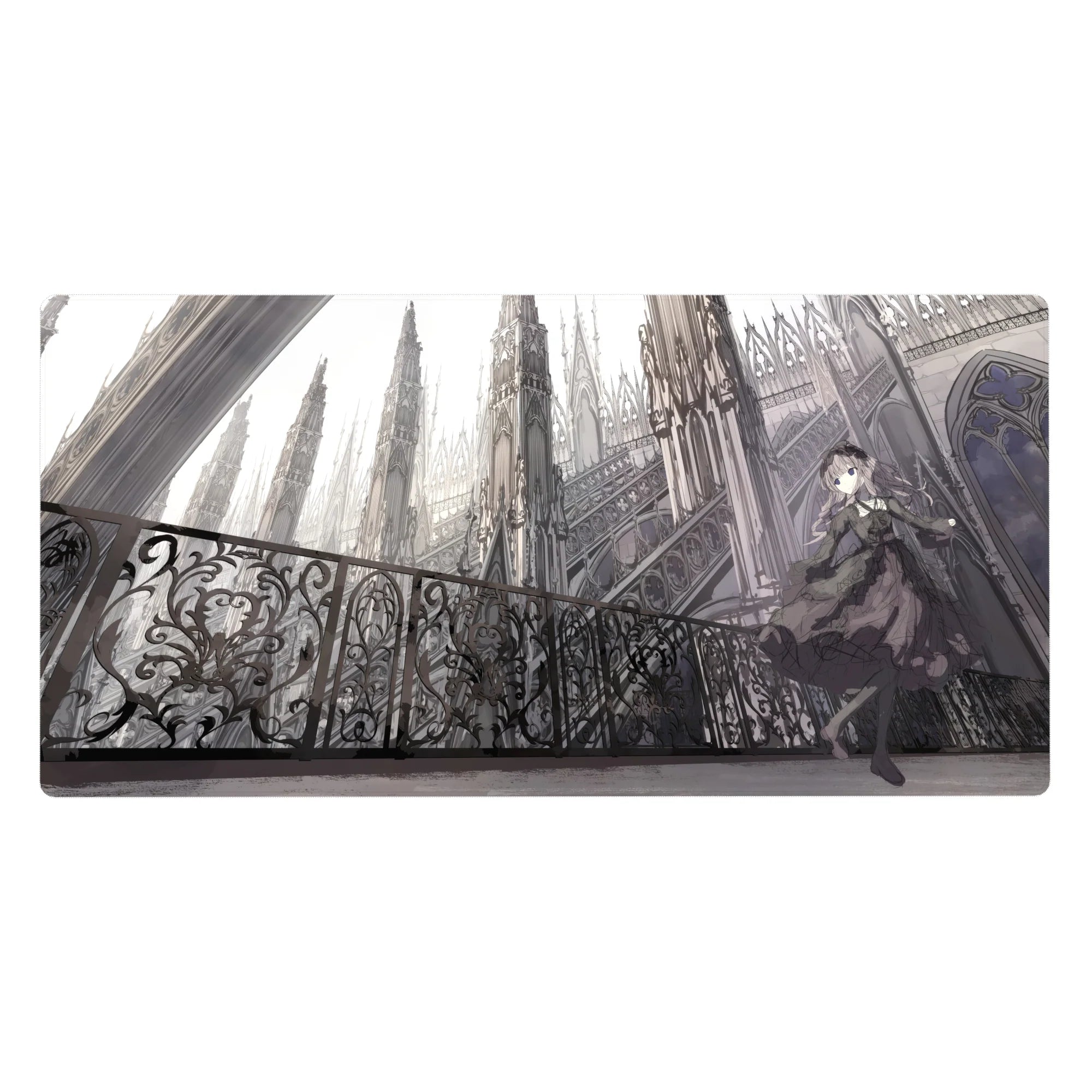 Gothic anime girl desk pad 40x20 inches with iron balcony and cathedral spires, ornate filigree art.