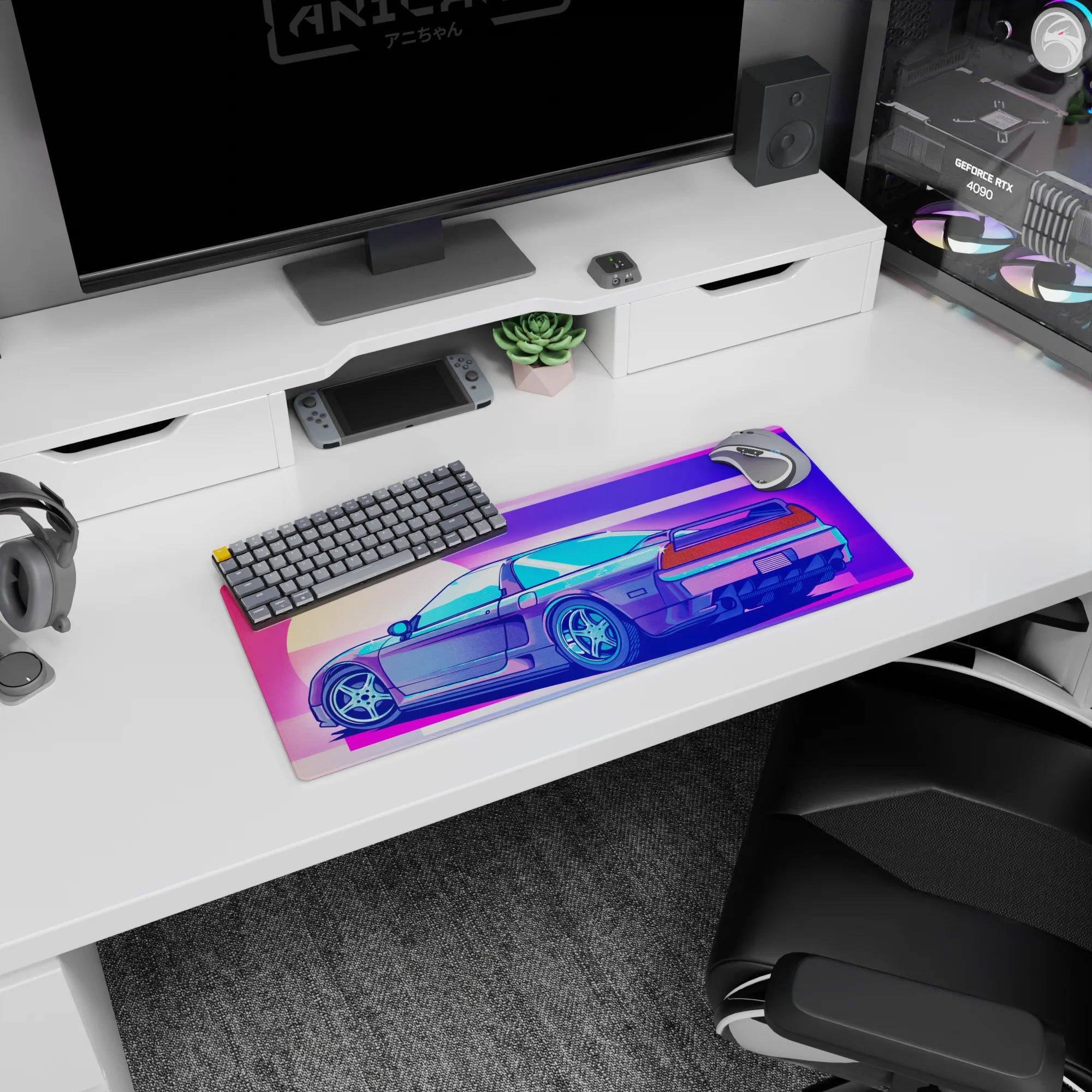 Retrowave - Vaporwave Deskmat | Mousepad | Deskpad - Neon Racer Drift - AniChan