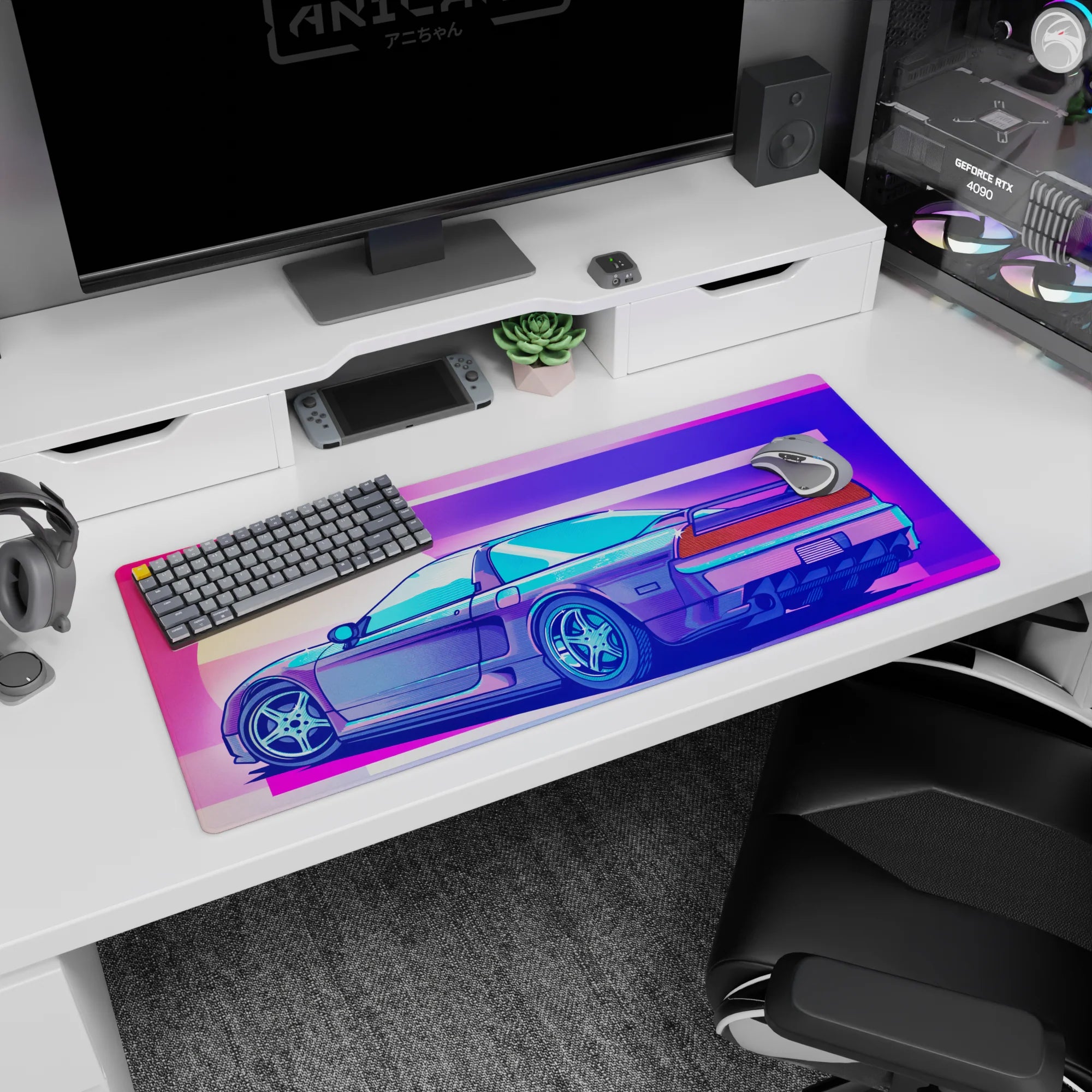 Retrowave - Vaporwave Deskmat | Mousepad | Deskpad - Neon Racer Drift - AniChan