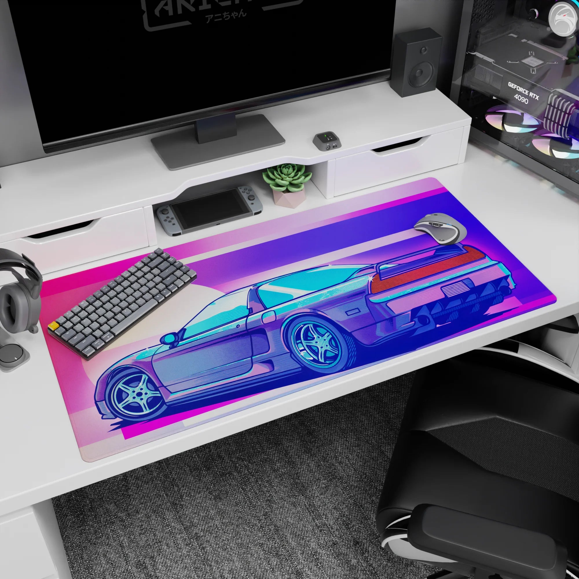 Retrowave - Vaporwave Deskmat | Mousepad | Deskpad - Neon Racer Drift - AniChan