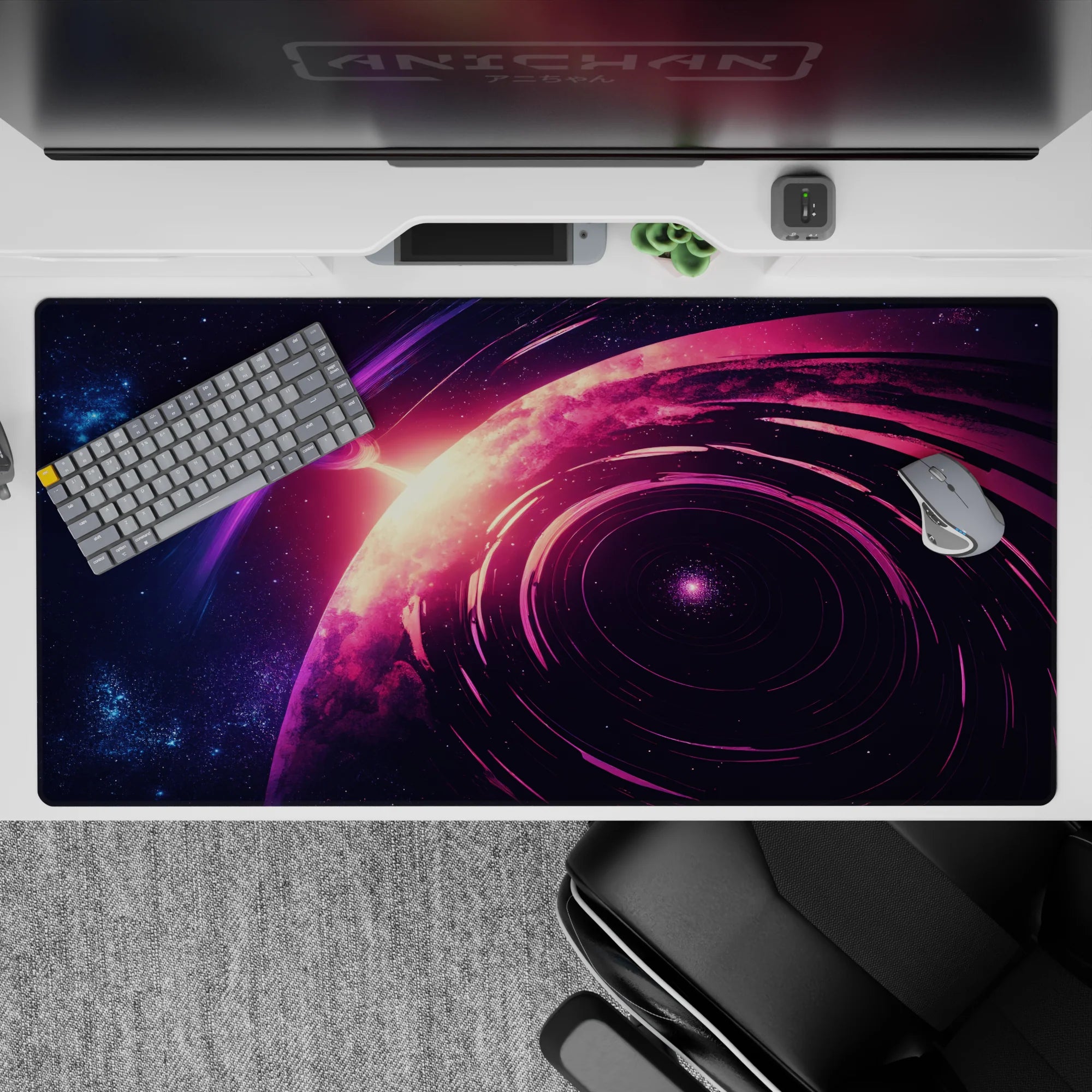 Cosmic themed desk pad 40x20 inches with purple and magenta space design for smooth tracking and modern setup.