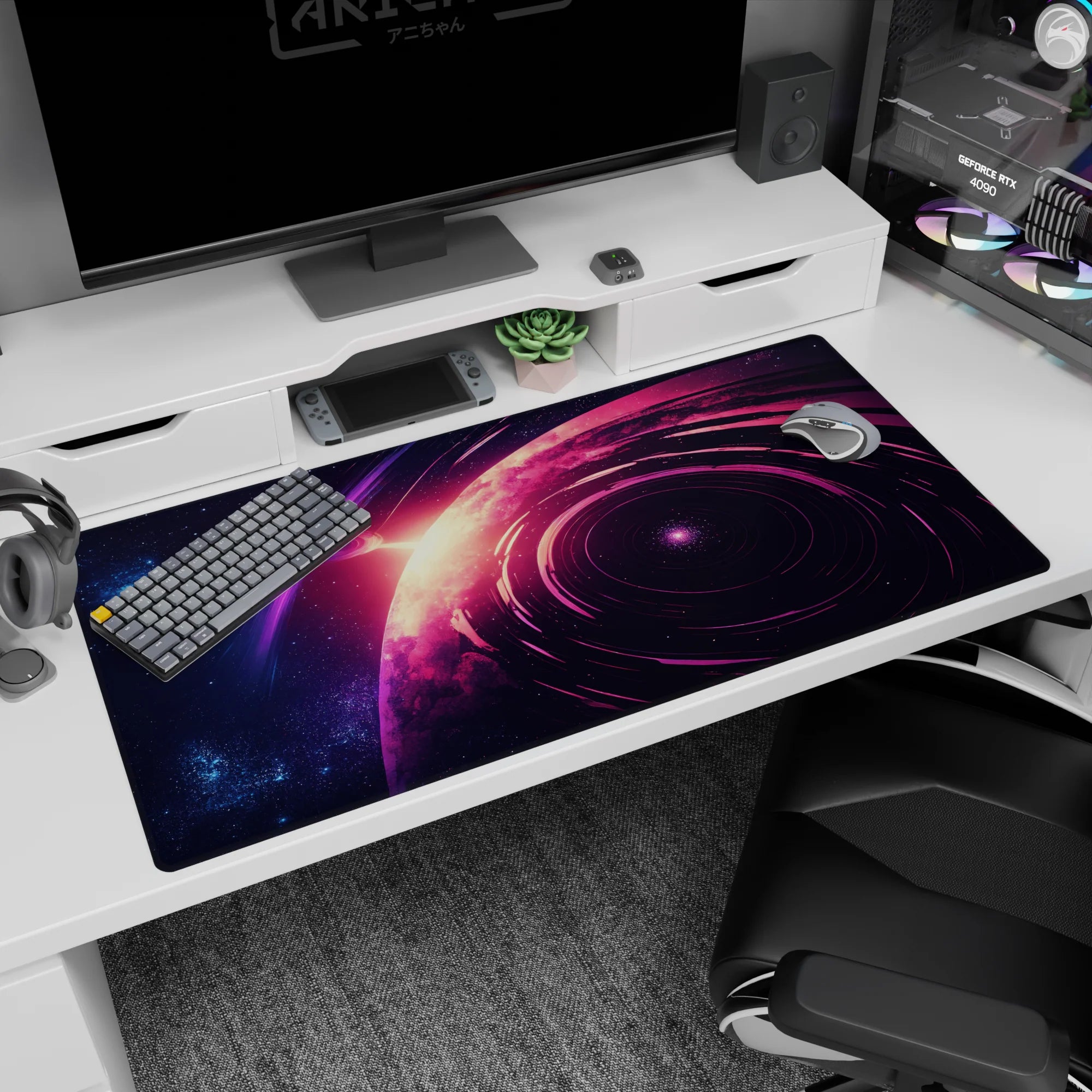Cosmic themed desk pad 40x20 inches with glowing planet design, purple tones, and smooth surface for daily use.