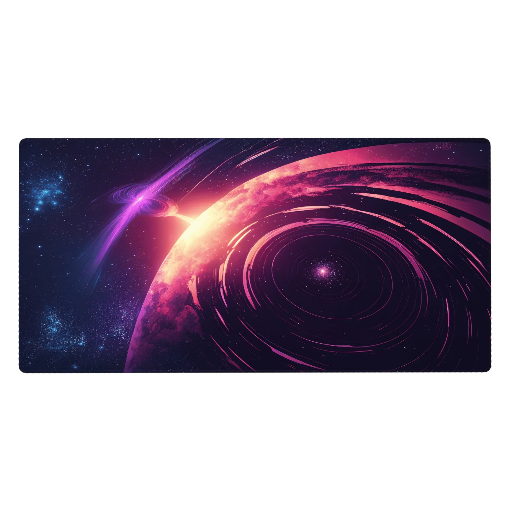 Large 40x20 inch desk pad with cosmic deep space design, featuring purple tones, neon magenta rings, and planet glow.