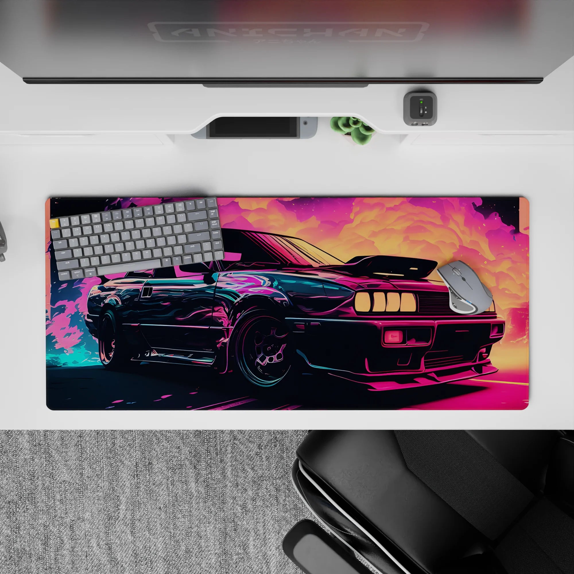 Retrowave-Vaporwave Deskmat | Mousepad | Deskpad - Neon Turbo Drift - AniChan