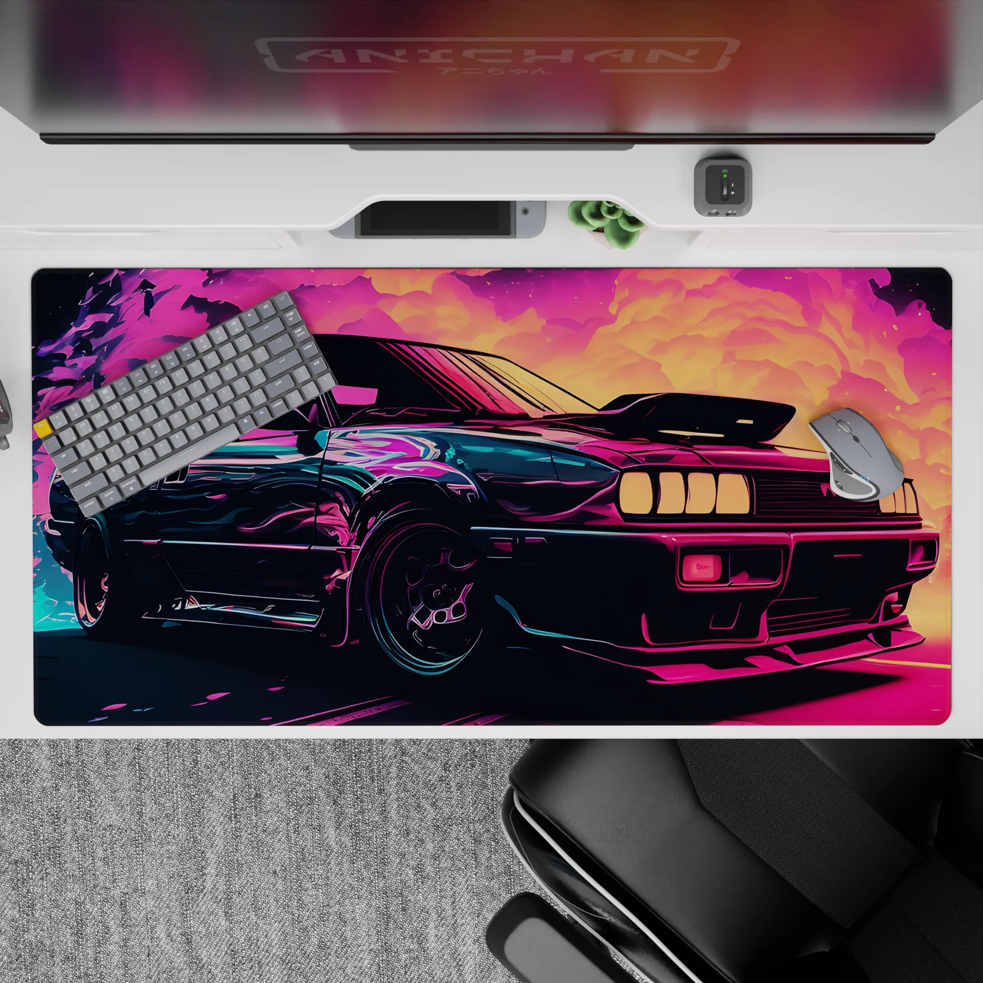 Retrowave-Vaporwave Deskmat | Mousepad | Deskpad - Neon Turbo Drift - AniChan