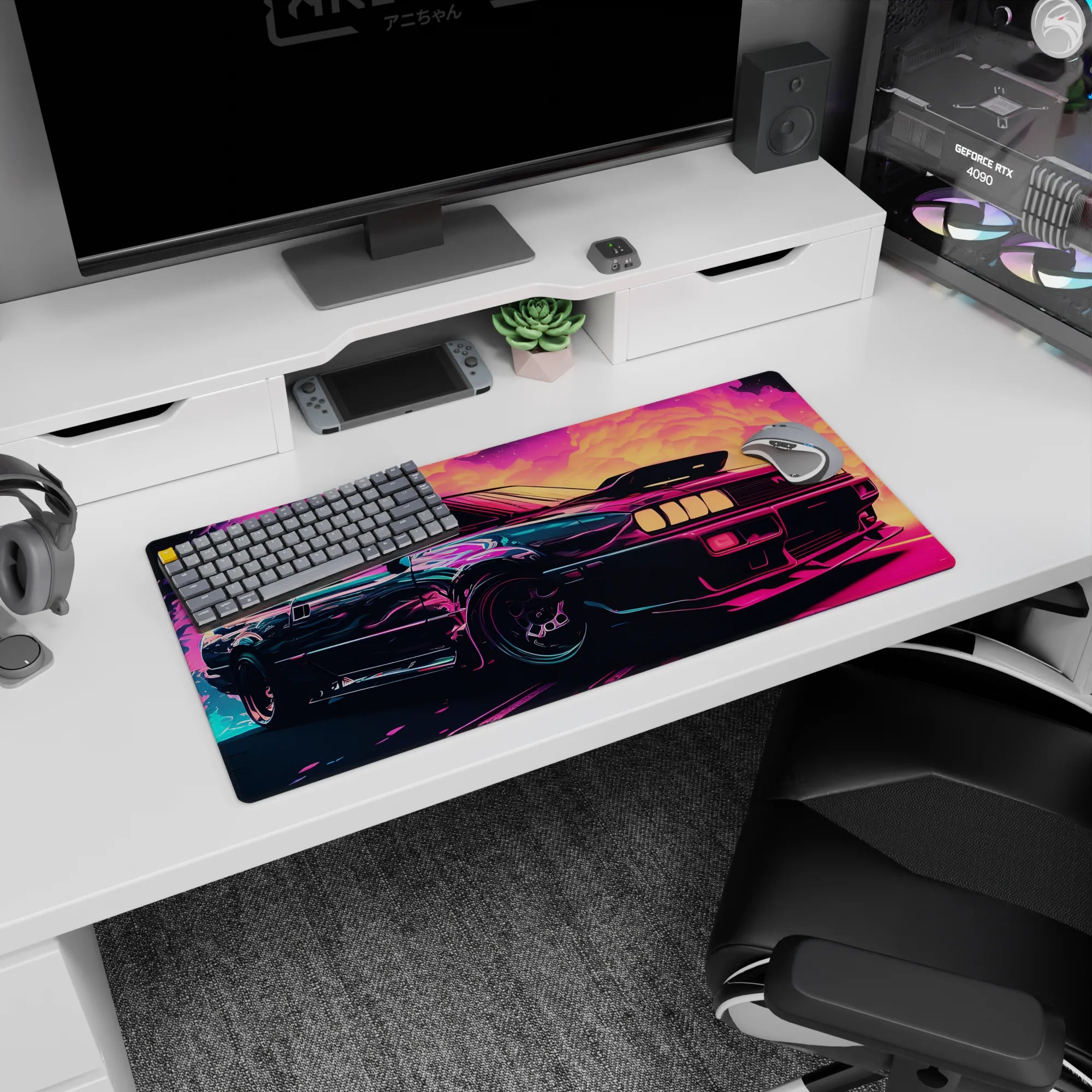 Retrowave-Vaporwave Deskmat | Mousepad | Deskpad - Neon Turbo Drift - AniChan