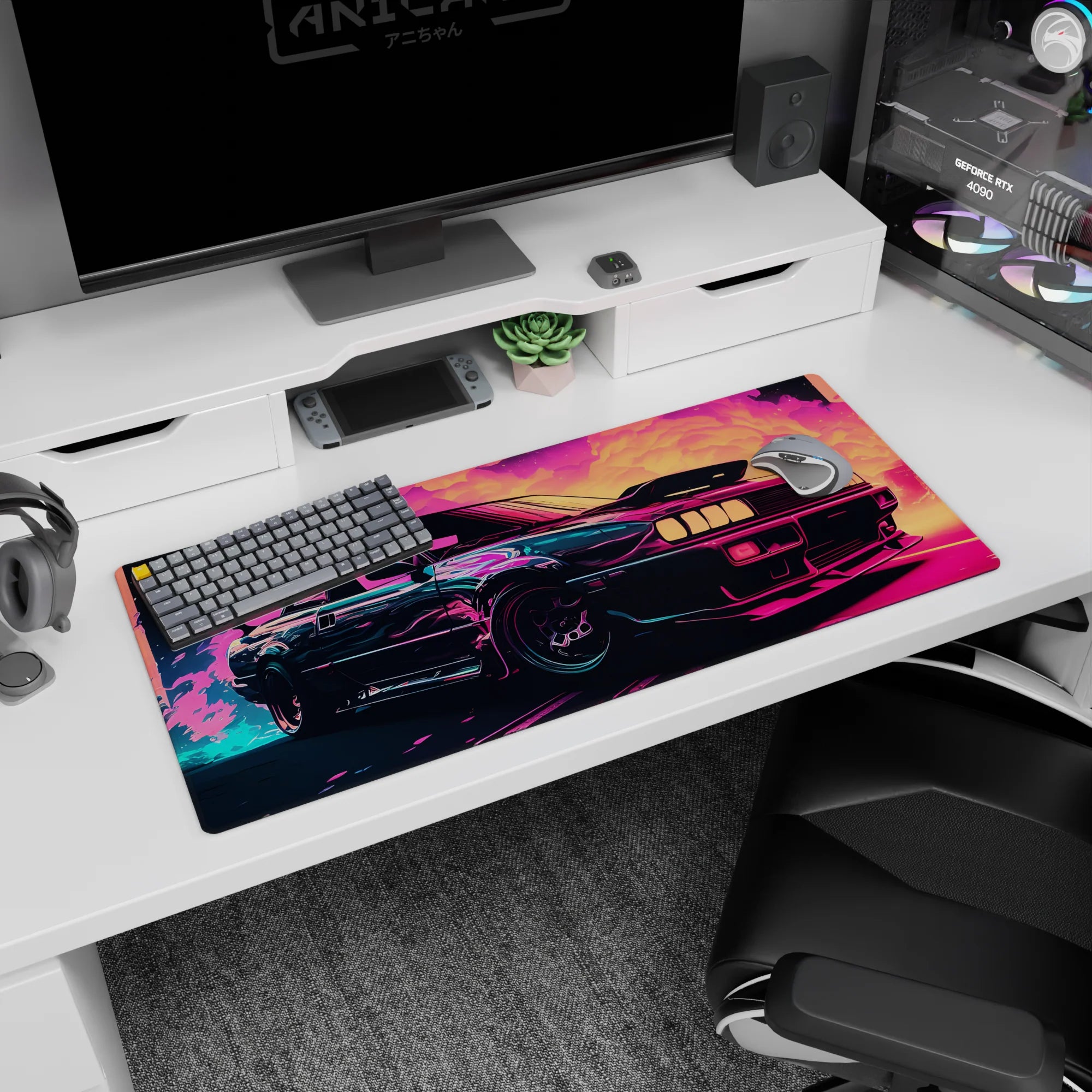 Retrowave-Vaporwave Deskmat | Mousepad | Deskpad - Neon Turbo Drift - AniChan