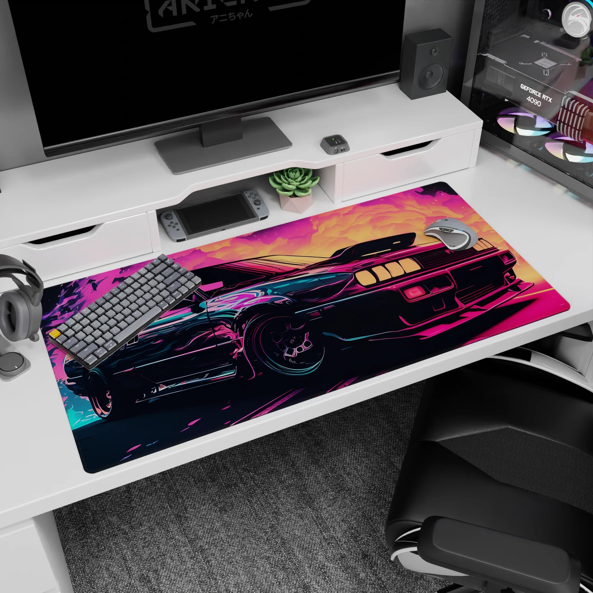 Retrowave-Vaporwave Deskmat | Mousepad | Deskpad - Neon Turbo Drift - AniChan