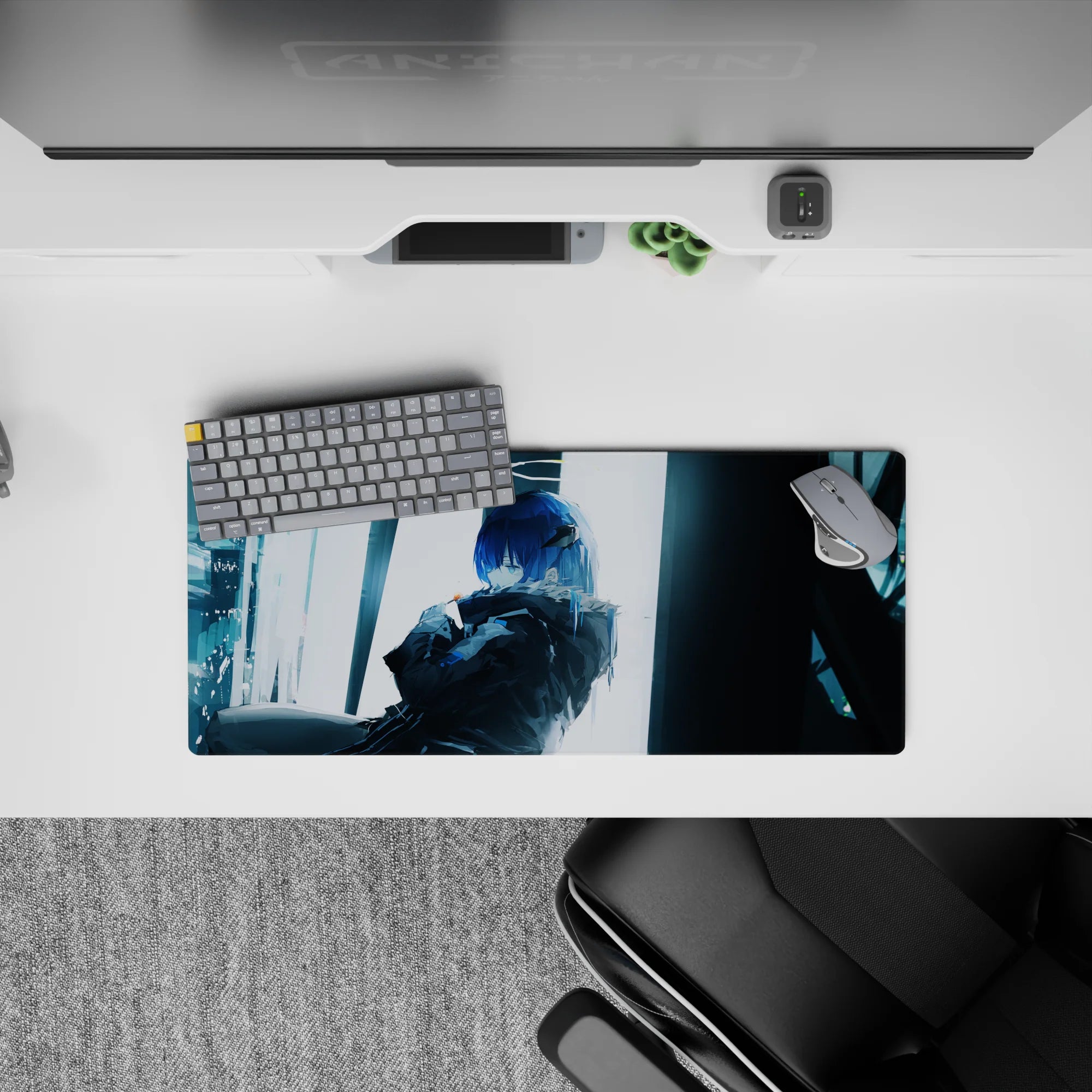 Moody cool-blue anime desk mat mouse pad 28x12 inches, rainy-city vibe with teal tones and shadows.