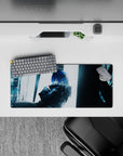 Moody cool-blue anime desk mat mouse pad 28x12 inches, rainy-city vibe with teal tones and shadows.