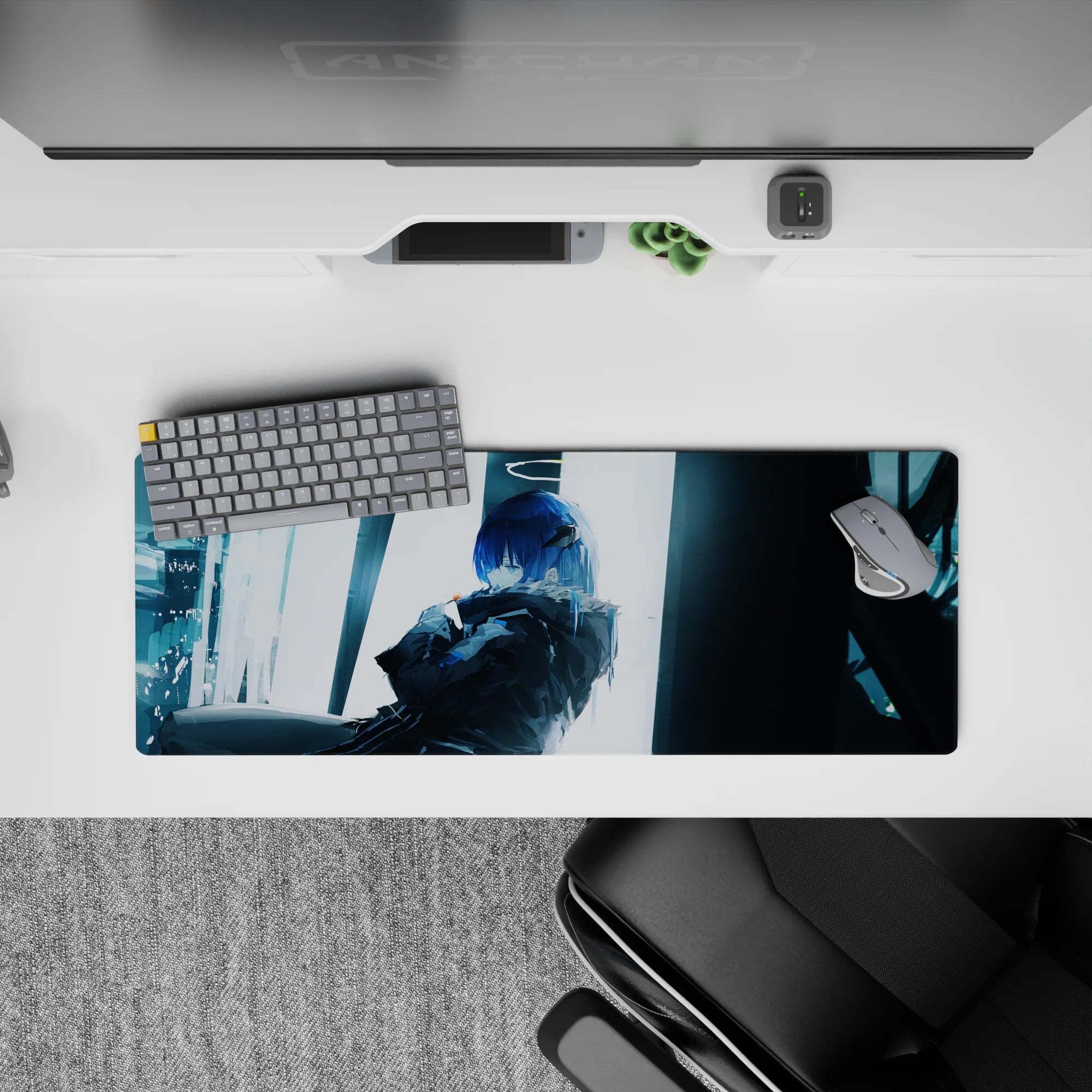 32x12 inches anime girl mouse pad in cool blue and muted teal, rainy-city mood with cinematic lighting.