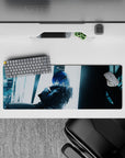 32x12 inches anime girl mouse pad in cool blue and muted teal, rainy-city mood with cinematic lighting.