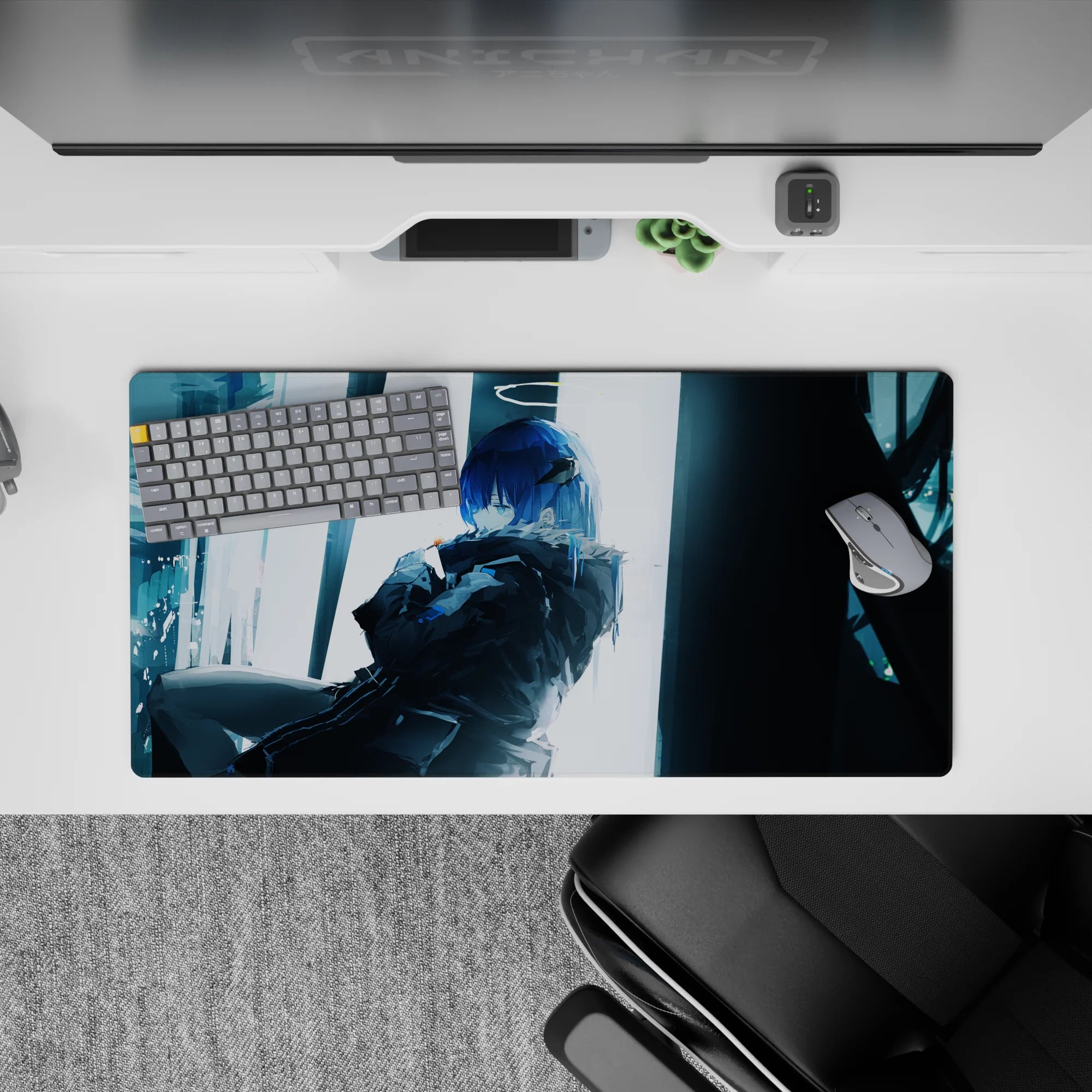 Moody cool-blue anime girl mouse pad 32x16 inches in muted teal tones with cinematic night-time glow.