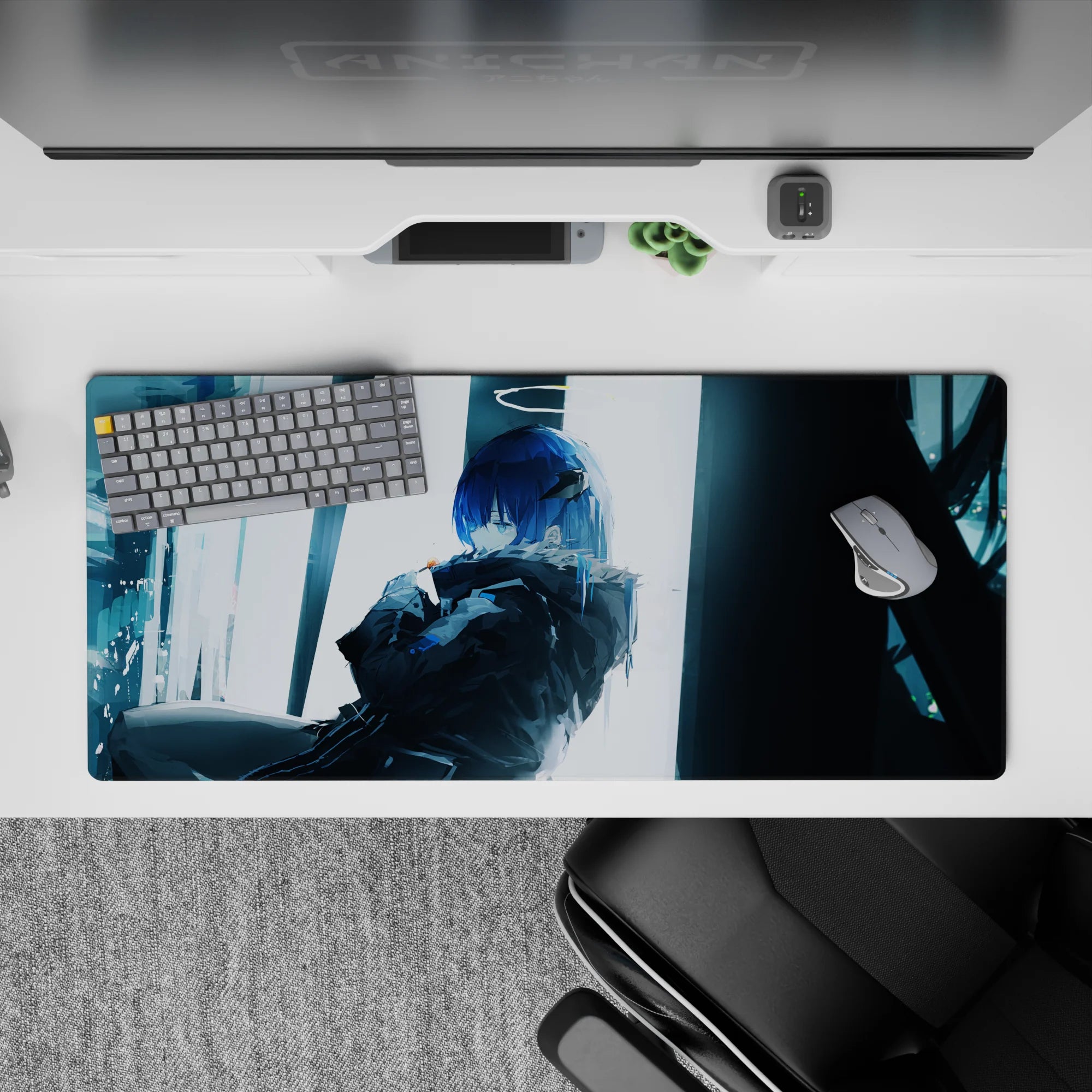 36x16 inches anime desk pad in cool blue and muted teal, rainy-city mood, cinematic low light.