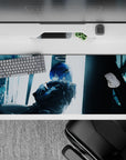 36x16 inches anime desk pad in cool blue and muted teal, rainy-city mood, cinematic low light.