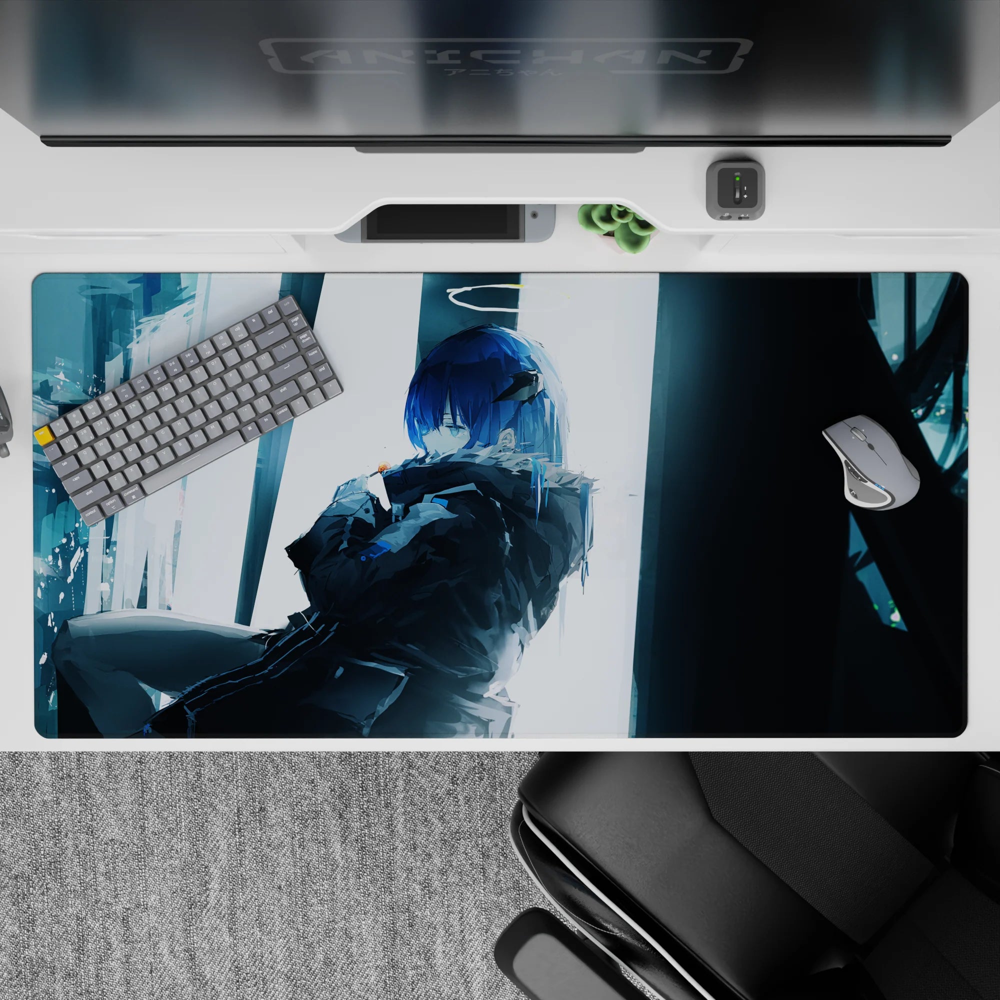 40x20 inches anime desk pad in cool blue and muted teal tones, moody cinematic lighting for late-night vibes.