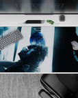 40x20 inches anime desk pad in cool blue and muted teal tones, moody cinematic lighting for late-night vibes.