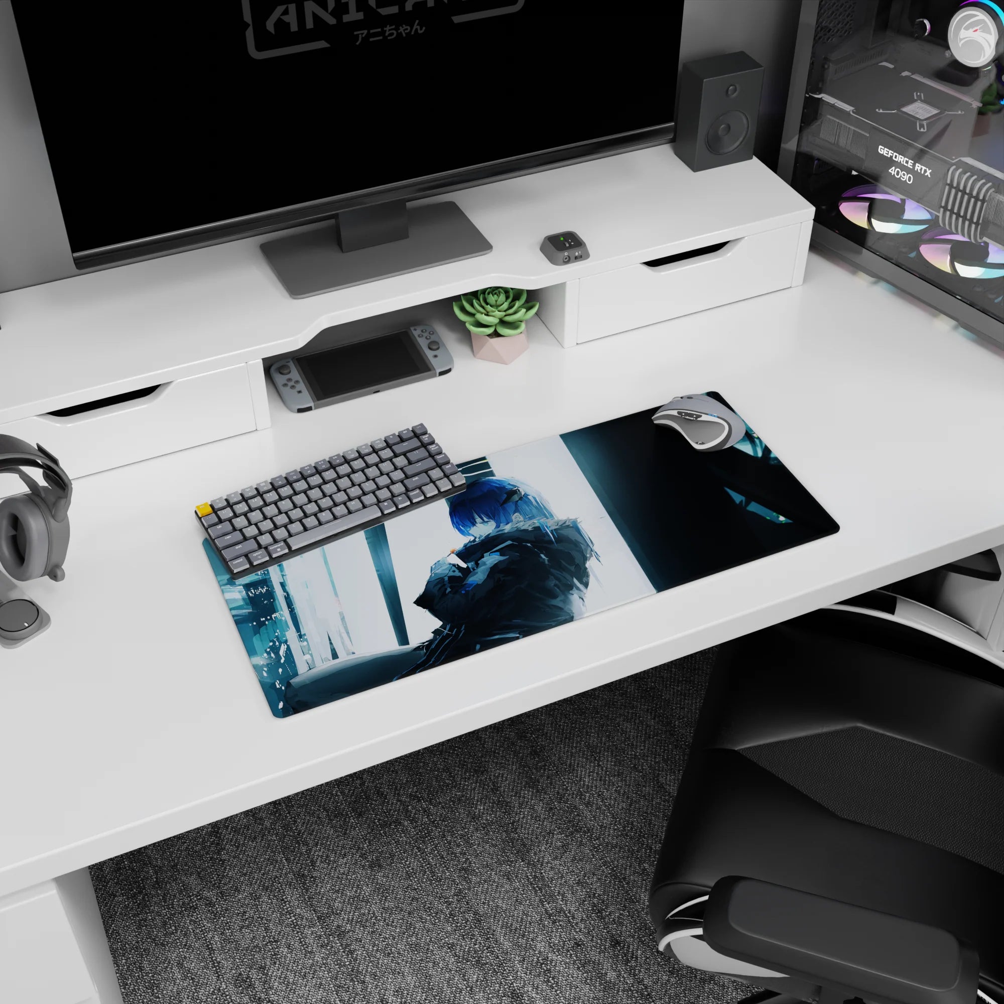 Blue-haired anime girl leaning back with folded arms on a 28x12 inches mouse pad by a pale window.