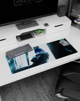 32x12 inches anime girl mouse pad showing a blue-haired girl leaning back, arms folded, calm stare.