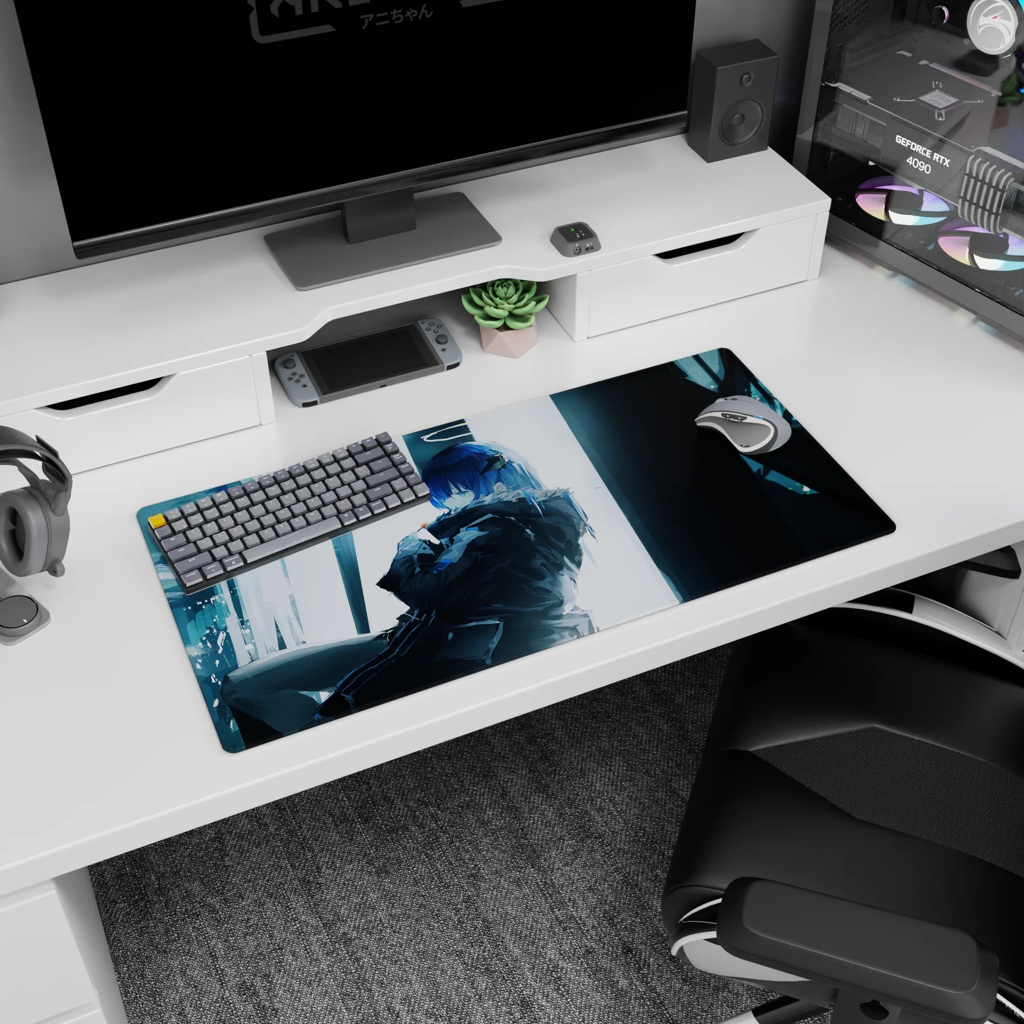 Blue-haired anime girl leaning back with folded arms on a 32x16 inches mouse pad, calm daring stare.