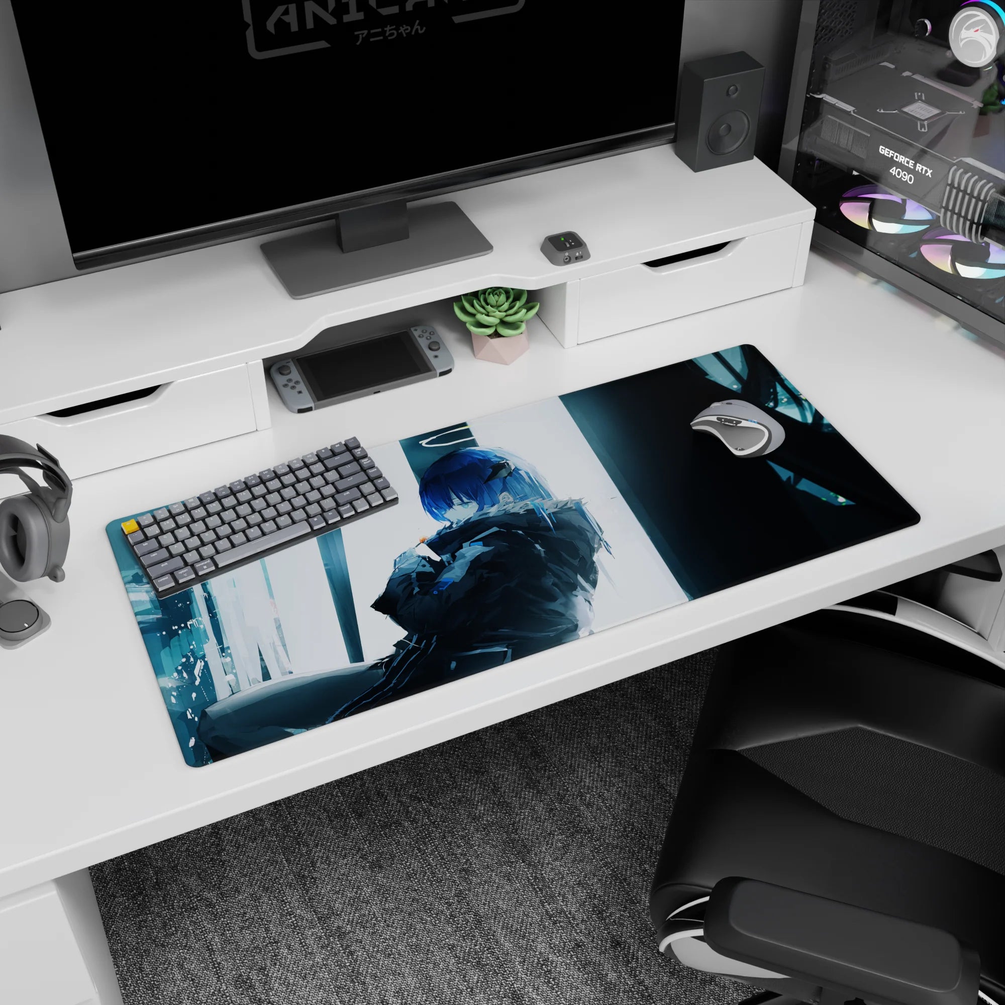 36x16 inches desk pad showing blue-haired anime girl with calm dare-you stare, sleek bangs, hair clip.