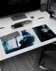 36x16 inches desk pad showing blue-haired anime girl with calm dare-you stare, sleek bangs, hair clip.