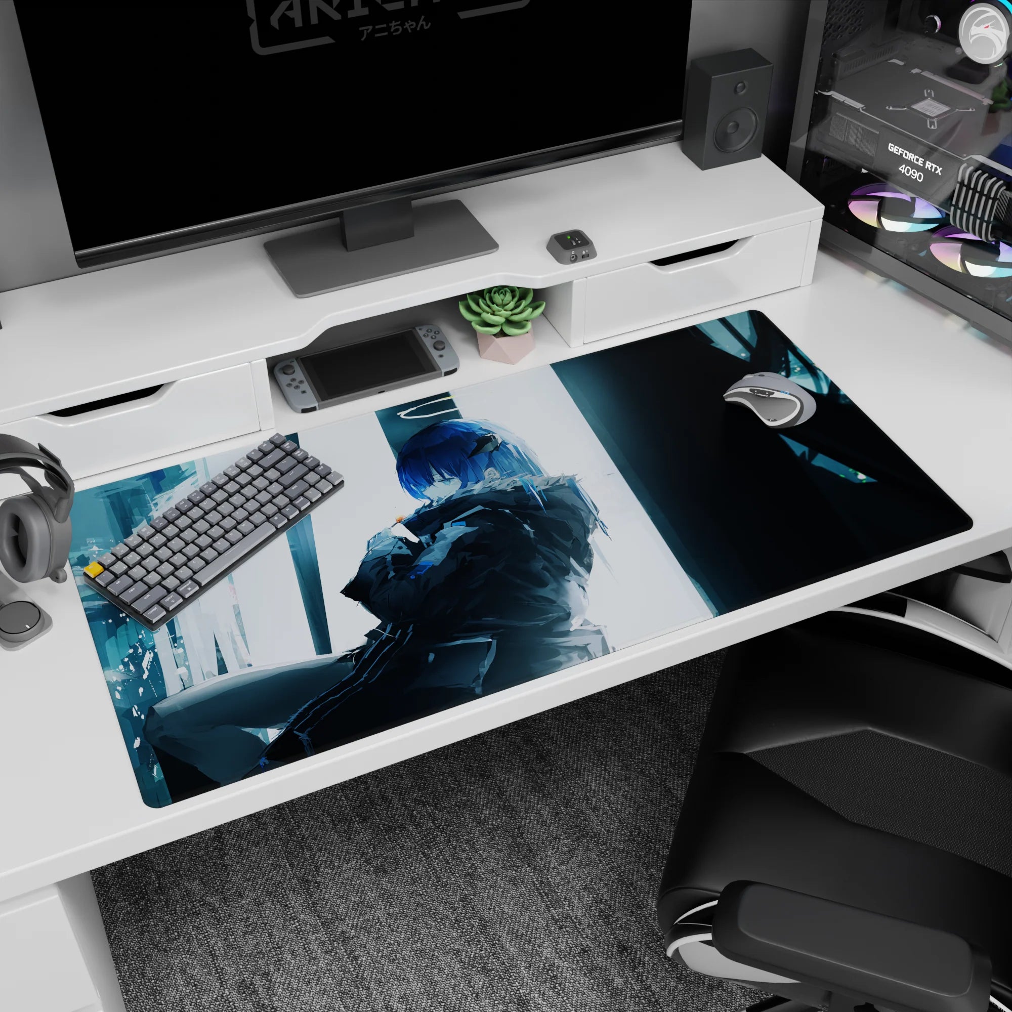 40x20 inches anime girl desk pad showing blue-haired girl leaning back, arms folded, calm stare by a pale window.